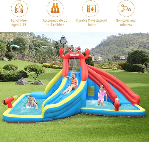 Miniatura 7 de GLACER Tobogán acuático inflable, casa de rebote con temática de cangrejo con 2 toboganes largos, pared de escalada y piscina de chapoteo, parque