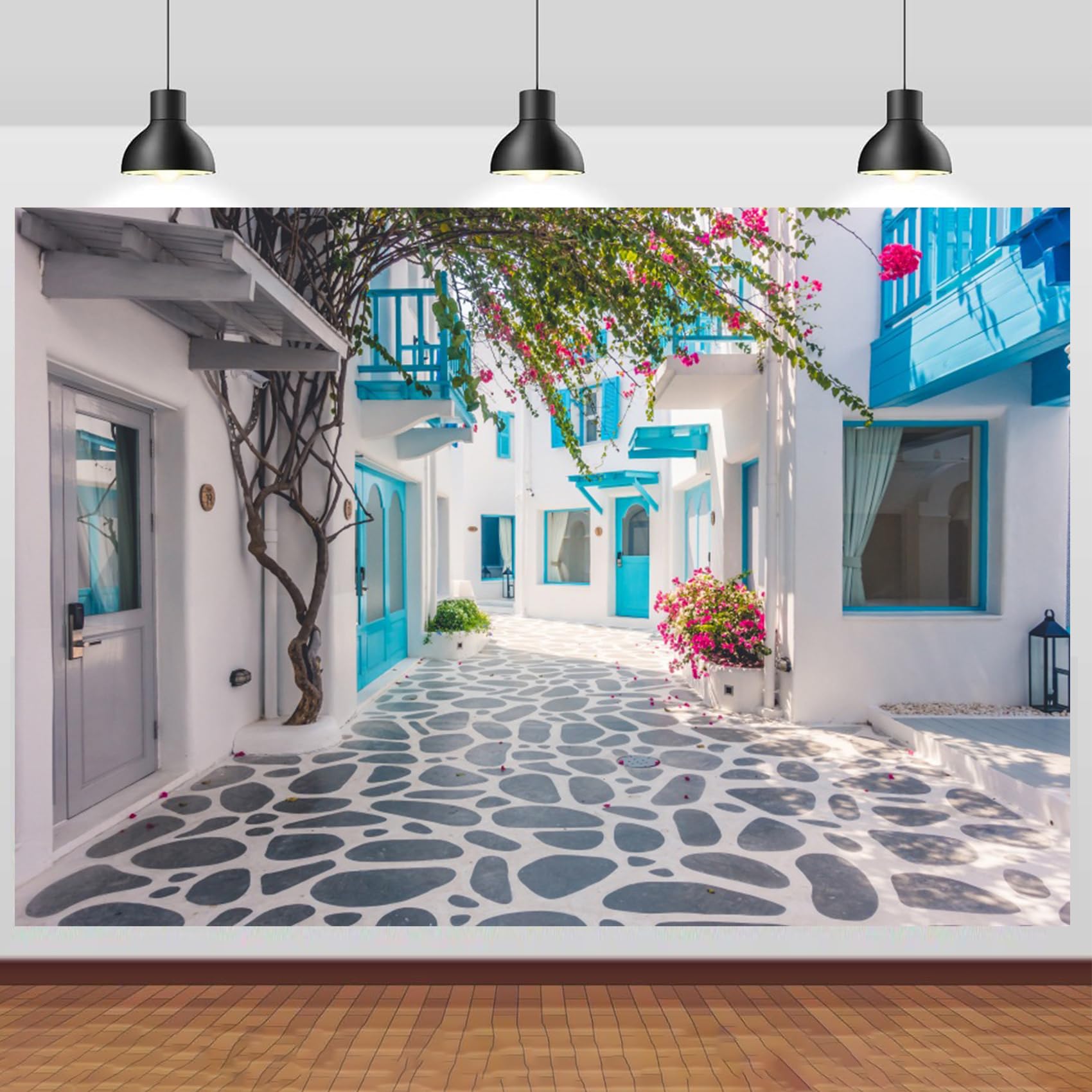 CSFOTO 20x10ft Greek Santorini Island Backdrop Greece Spring Flower Street Traditional Architecture Background for Wedding Birthday Party Decorations