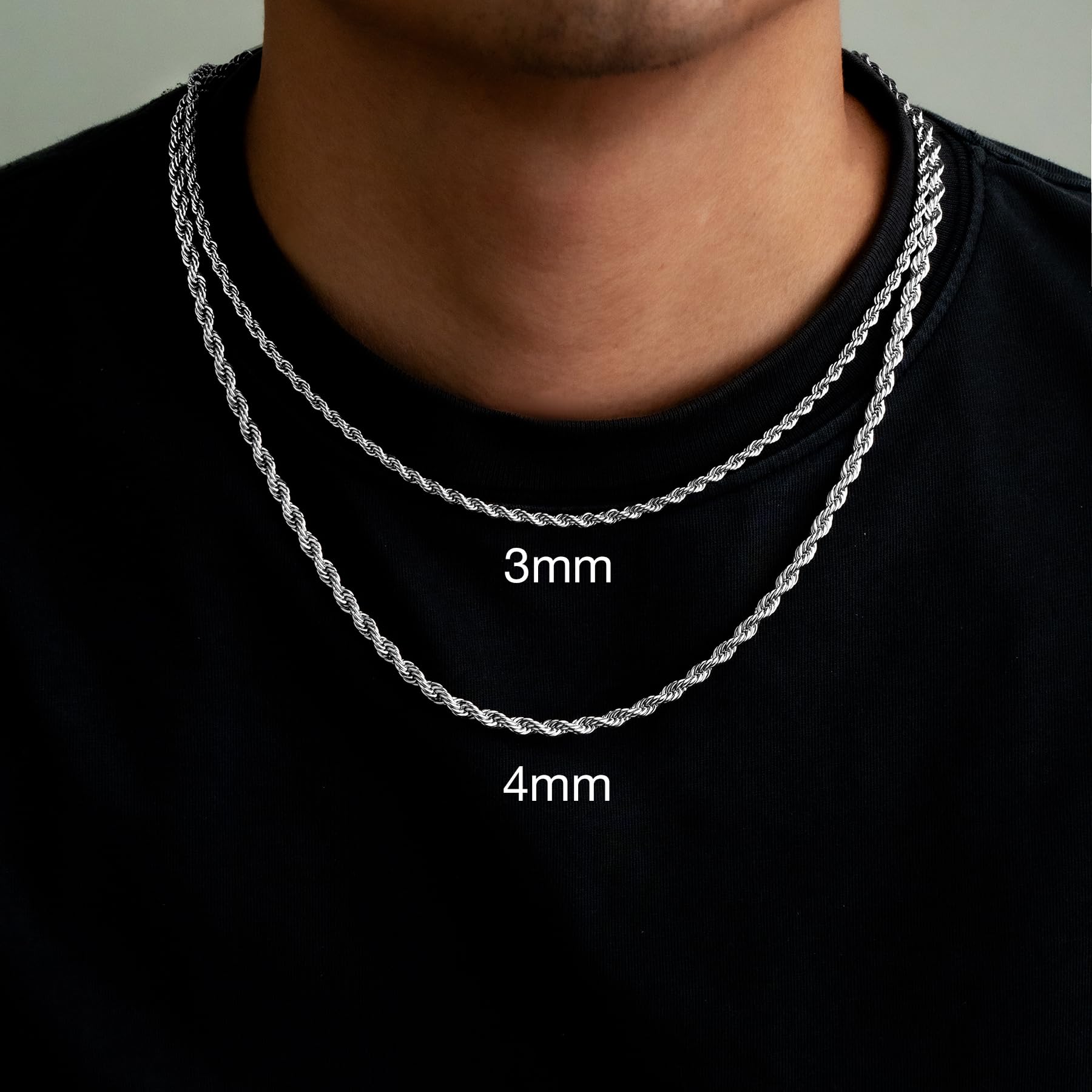 Silver Stainless Steel Rope Chain for Men, 3mm/4mm Mens Rope Twist Chain Necklace, 18-26 Inches