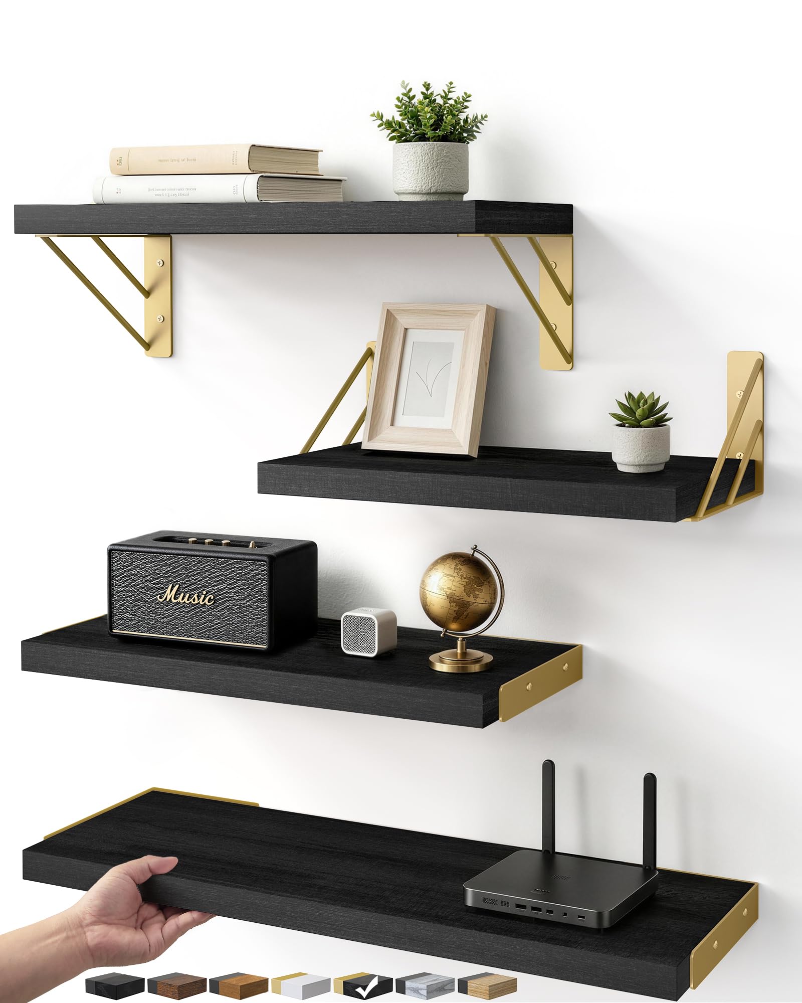 BAYKA Floating Shelves for Bedroom Decor, Wall Shelves for Storage, Wall Mounted Rustic Wood Floating Shelf for Books,Corner Shelf for Bathroom,Kitchen,Living Room(Black and Gold，Set of 4)