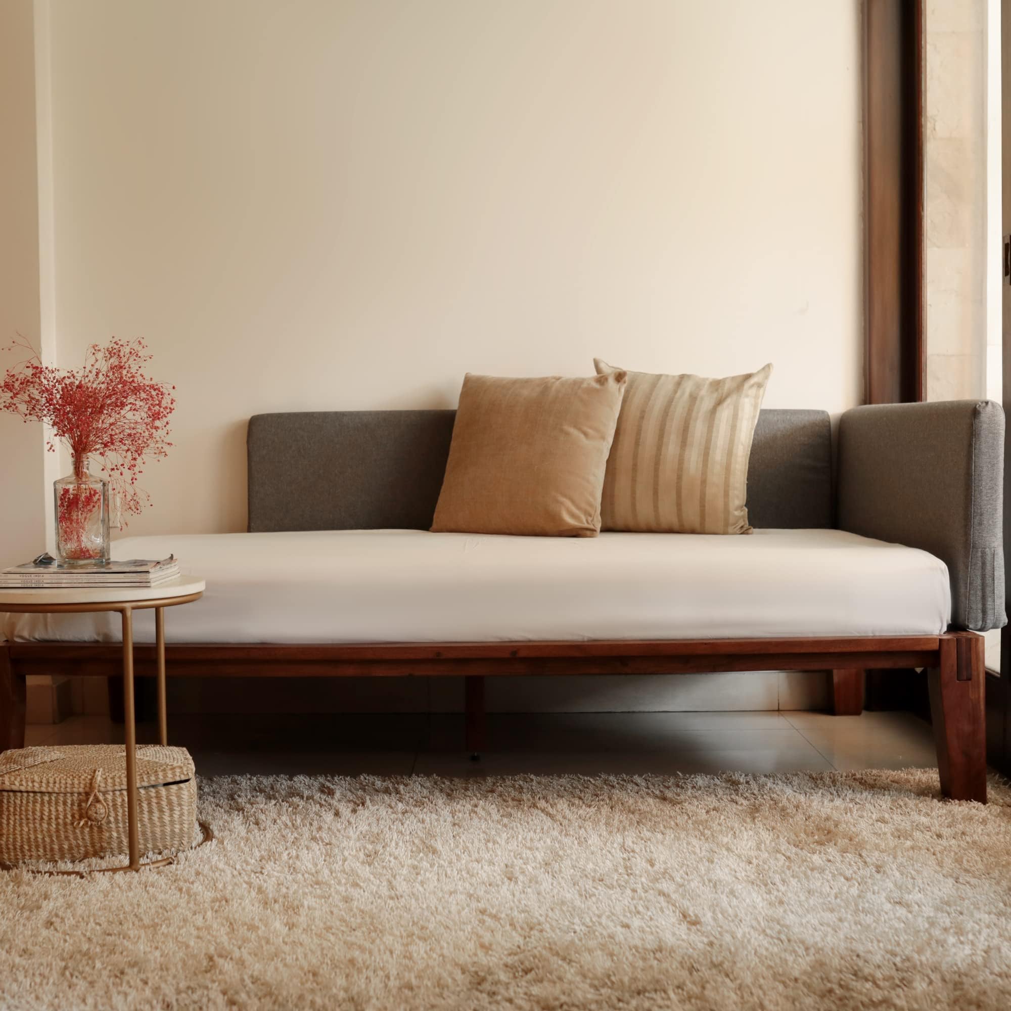 SleepyCat Ohayo Single Day Bed with Japanese Joinery and Wall Supported Headboard (77 x 41 x 13 Inches), Strong Acacia Wood( Brown)