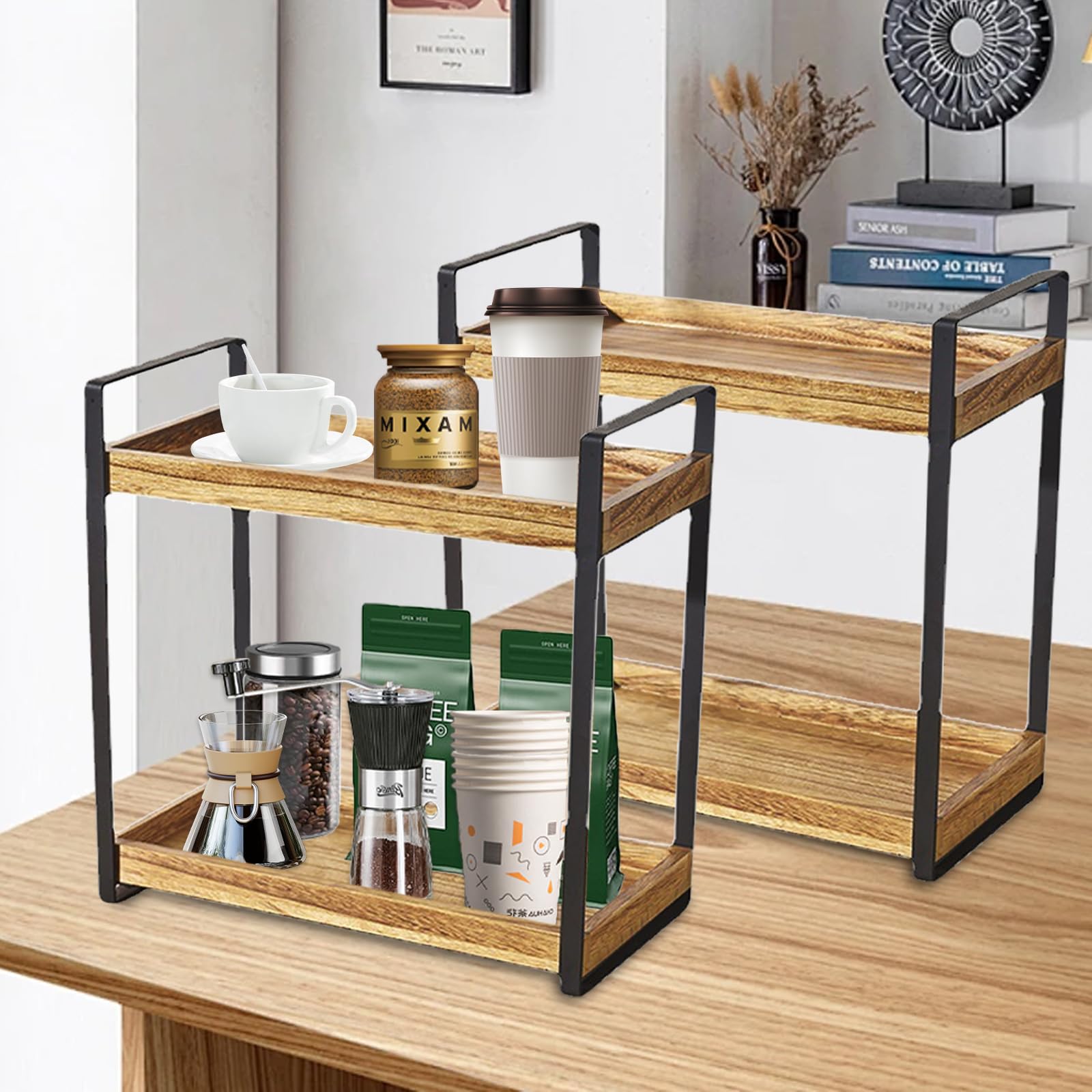 Gzsekken 2-Tier Coffee Bar Organiser, Minimalist Wooden Coffee Station, 2 Pack, Natural-2pack, 35cm x 17cm x 35cm - Image 2