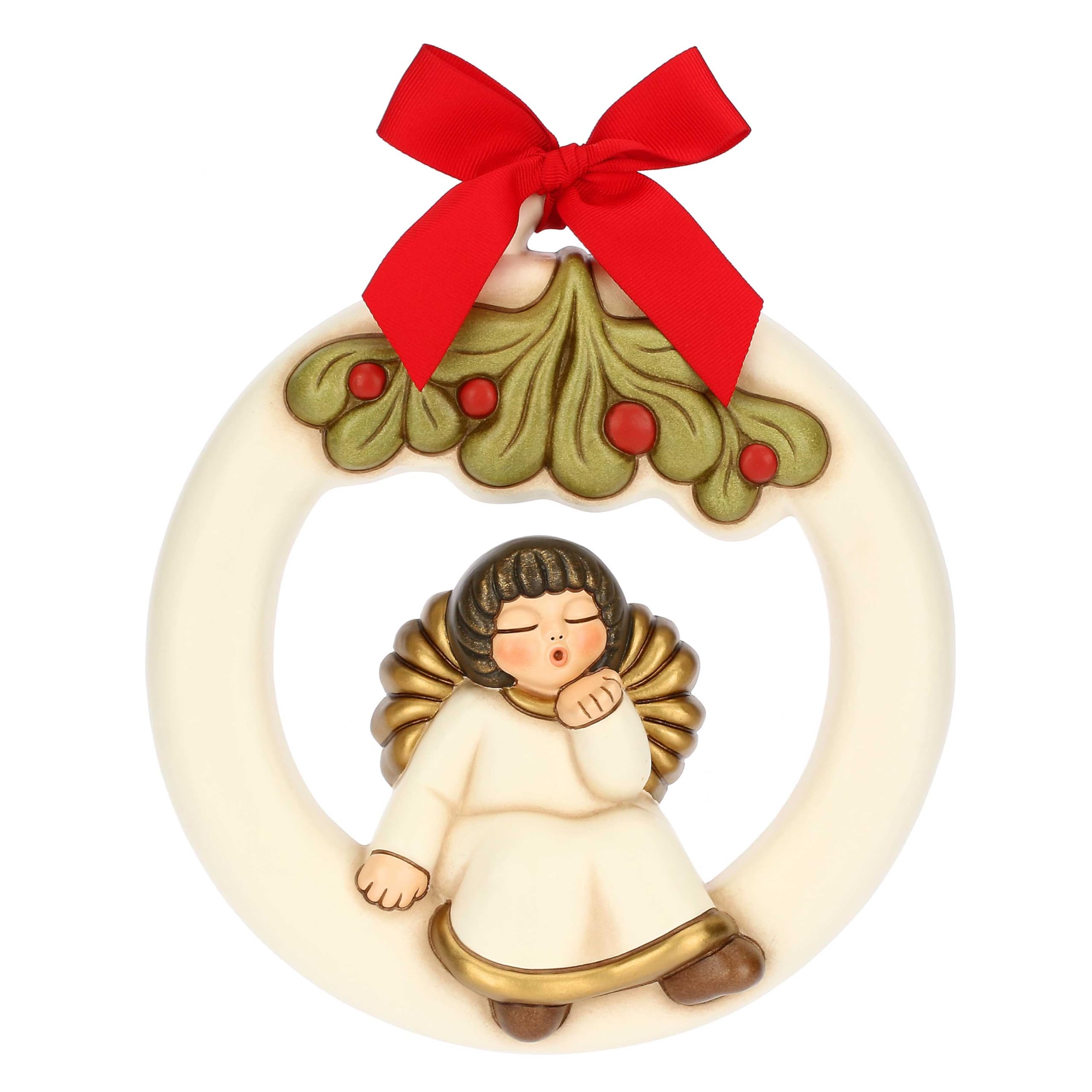 THUN, Ghirlanda con Angelo in Ceramica di Alta Qualità, Collezione Sorprese di Natale, Statuine da Collezione, Idea Regalo per Natale, 20,8 x 4,8 x 22,6 cm