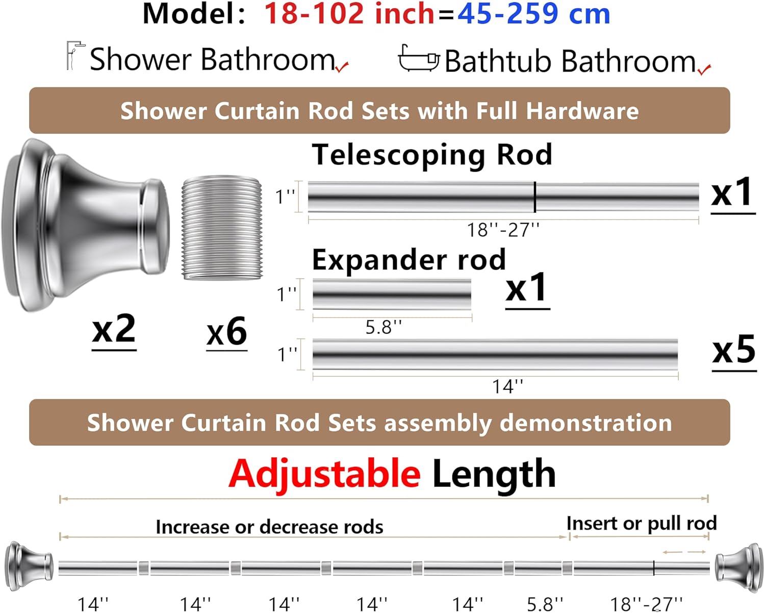 Chrome Tension Shower Curtain Rod – Adjustable 18-102 Inches, Fits 20-101 Inch Spaces, No Drill Rust Resistant Spring Rod for Bathroom, Kitchen, Bedroom, Balcony