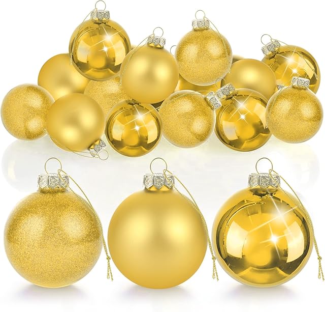 Glass Christmas Baubles Gold, 6cm Christmas Tree Baubles Glass, UNOLIGA 15pcs Traditional Glass Baubles Christmas Decorations (Matt, Shiny, Glitter)