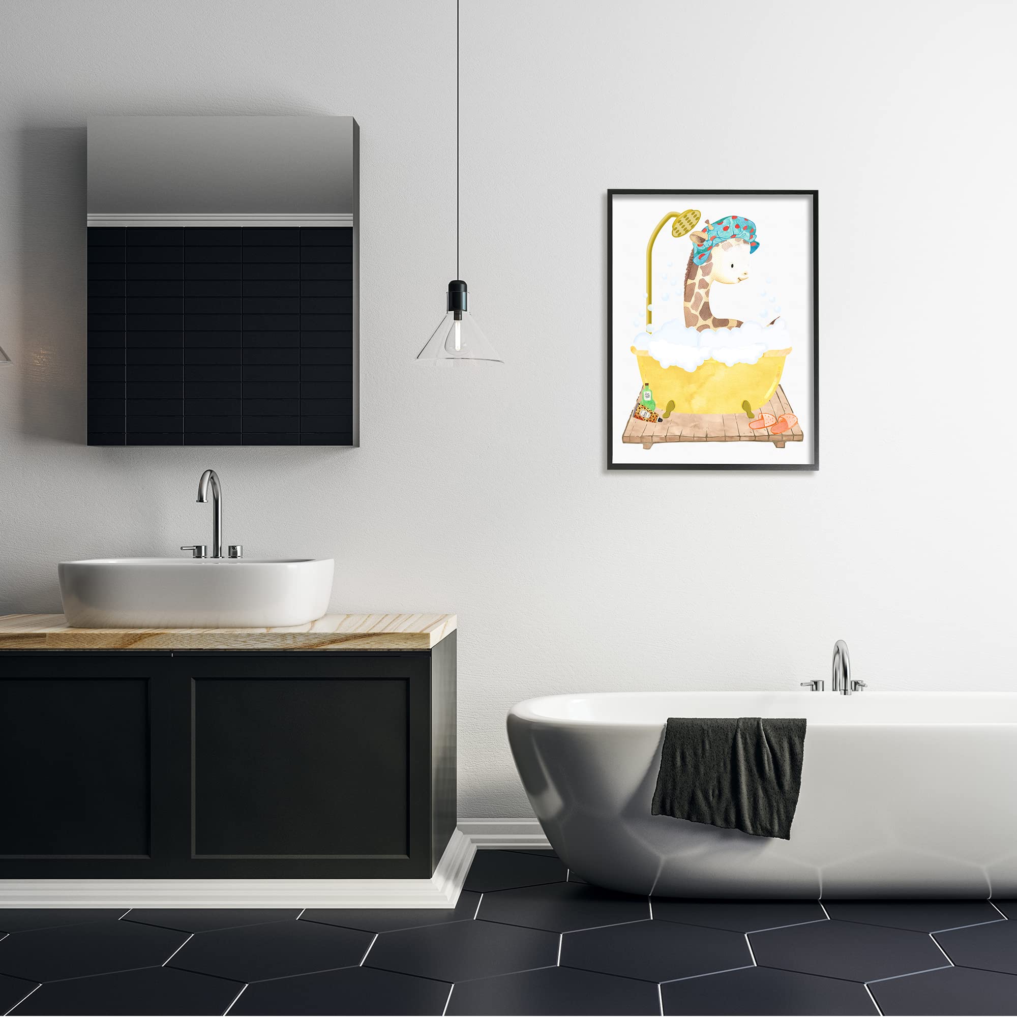 Stupell Industries Children's Giraffe Animal Bubble Bath Yellow Bathroom Black Framed Wall Art, White