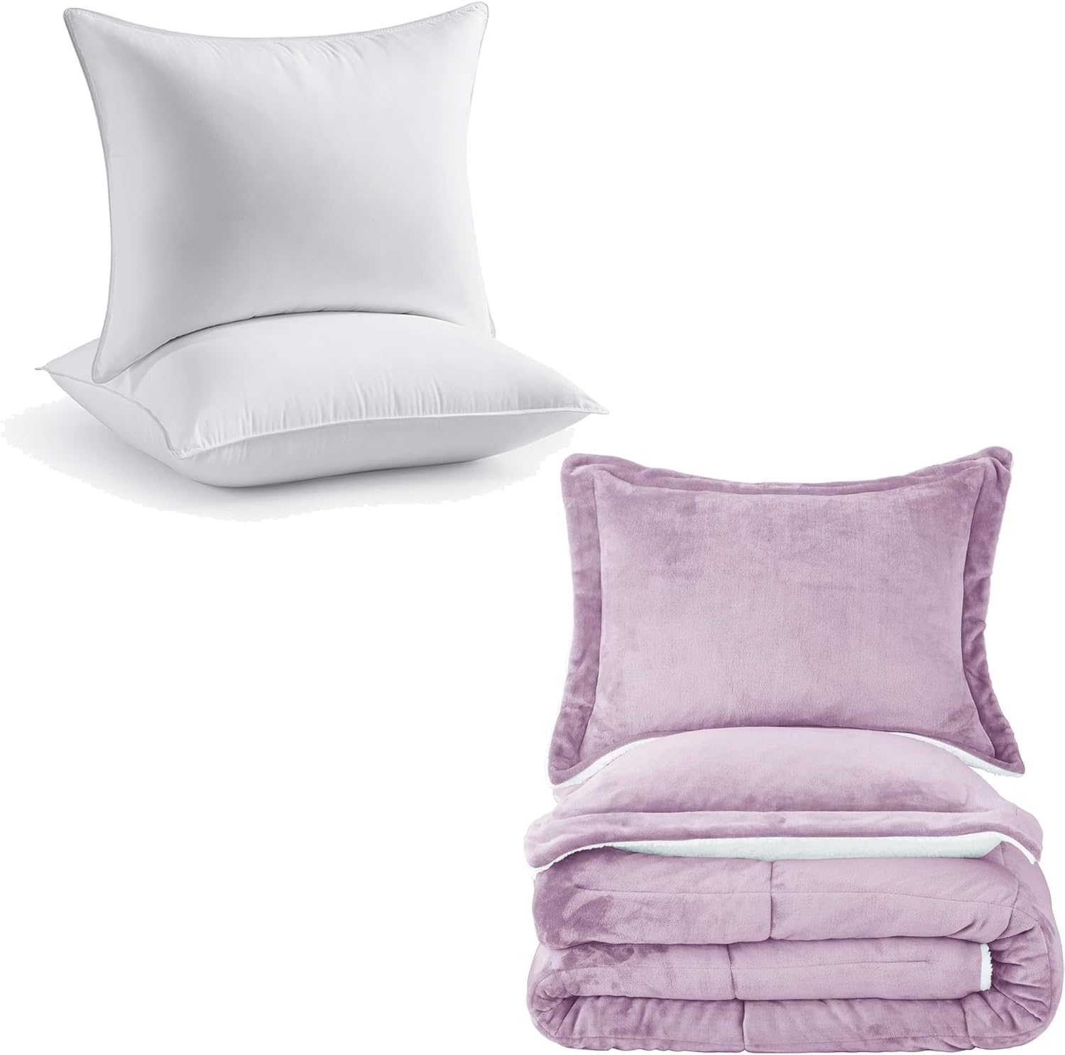 Seward Park Bedding Combo, Down Alternative Sleeping Pillow Insert 2 Pack, Ultra-Soft Sherpa Comforter Set (Lavender, King)