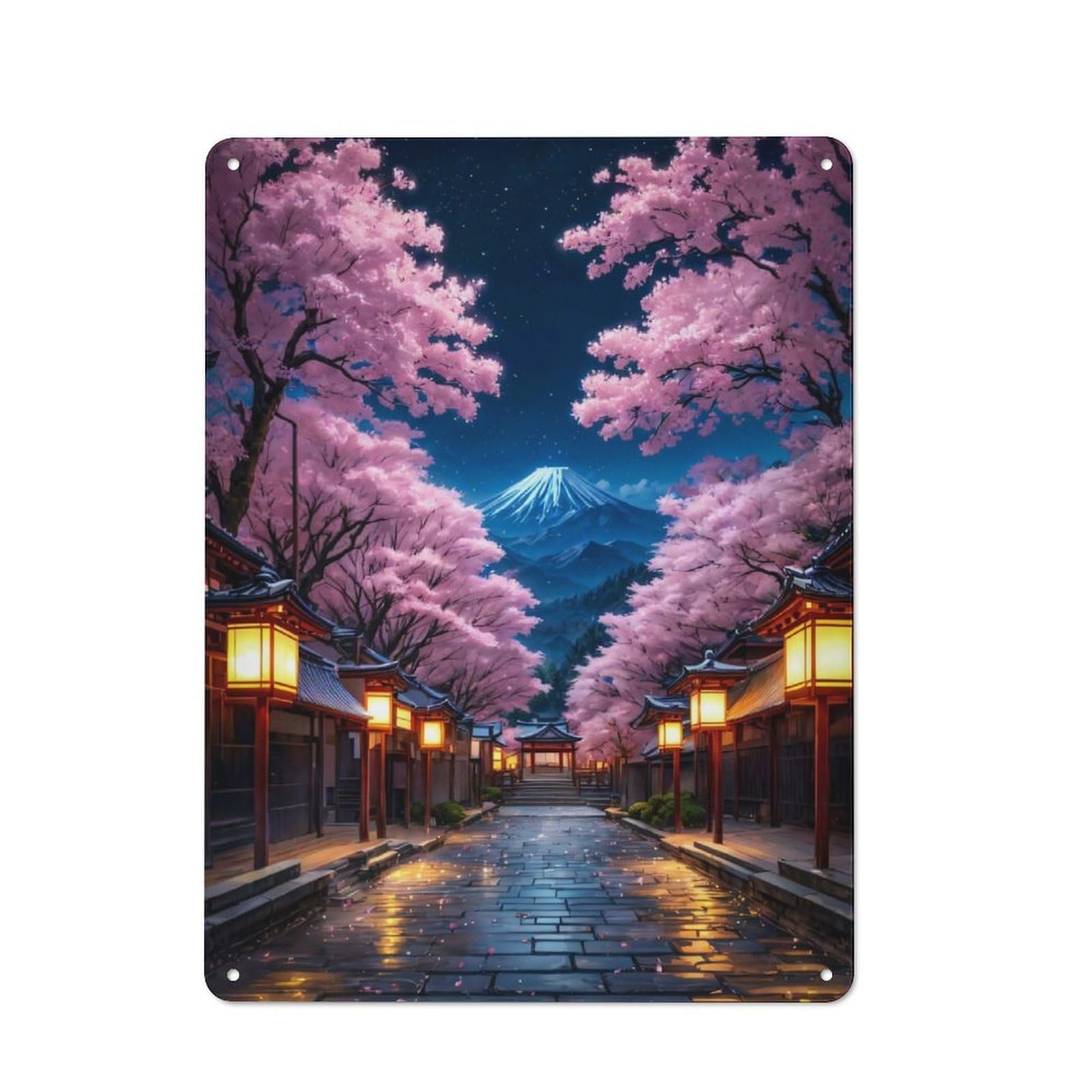 Junmoney Japan Cherry Blossom Fuji Rustic Tin Wall Plaque 40X30cm For Guest Room Or Hallway, For Garage, Workshop And Man Cave Decoration