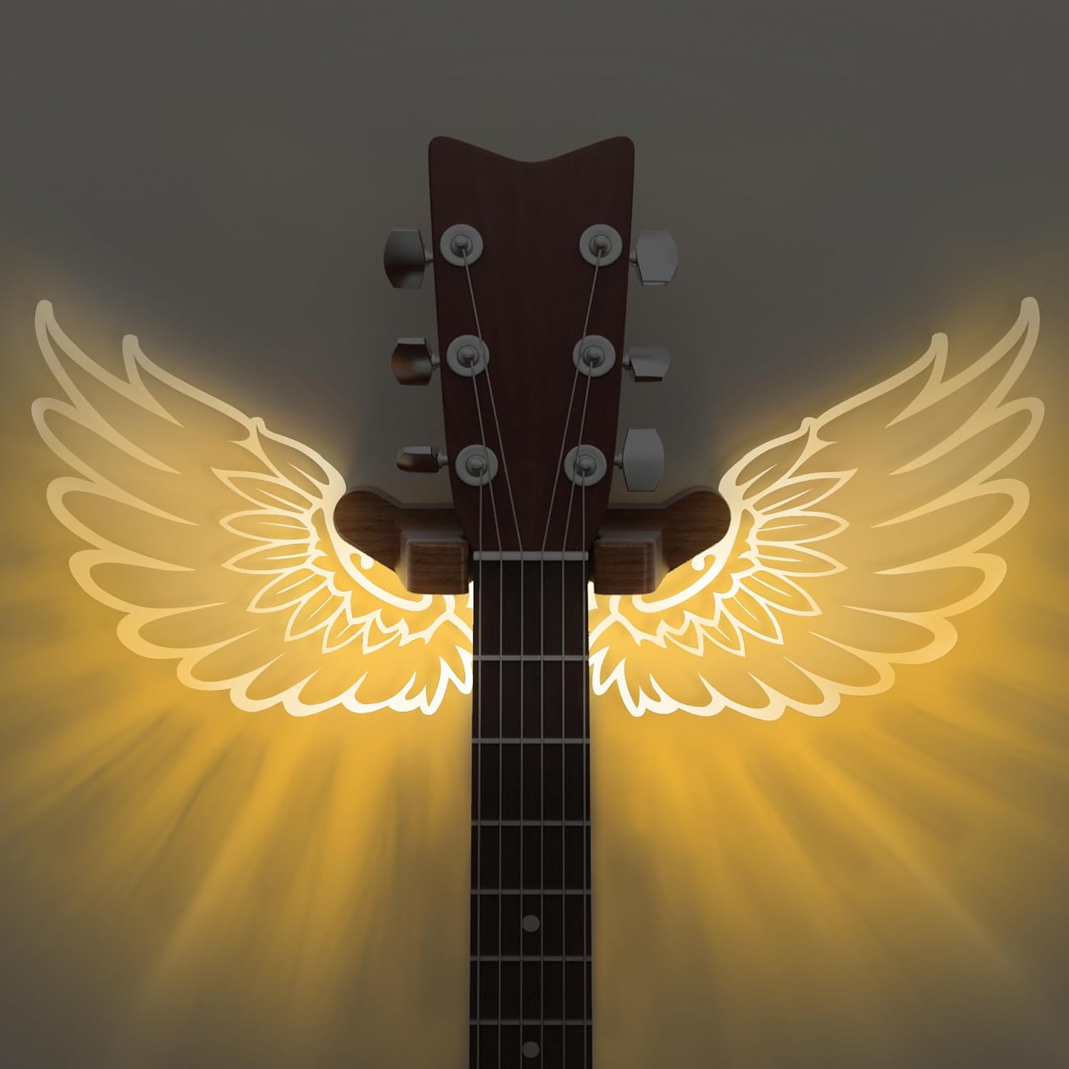 CoolGift Mart Guitar Stand Wall Mount with Luminous Angel Wings, Acrylic Wooden Guitar Hanger Shelf with USB Powered, for Acoustic Electric Bass Ukulele, Gift for Music Lovers Men Guitar Players