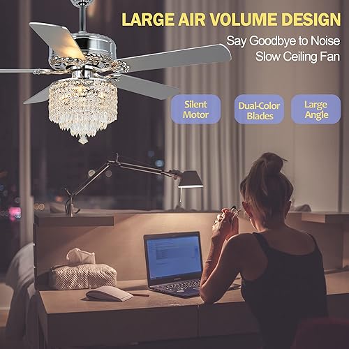 Miniatura 5 de Ventiladores de techo modernos de 52 pulgadas con luces K9, ventiladores de techo con control remoto para sala de estar, comedor, dormitorio, motor