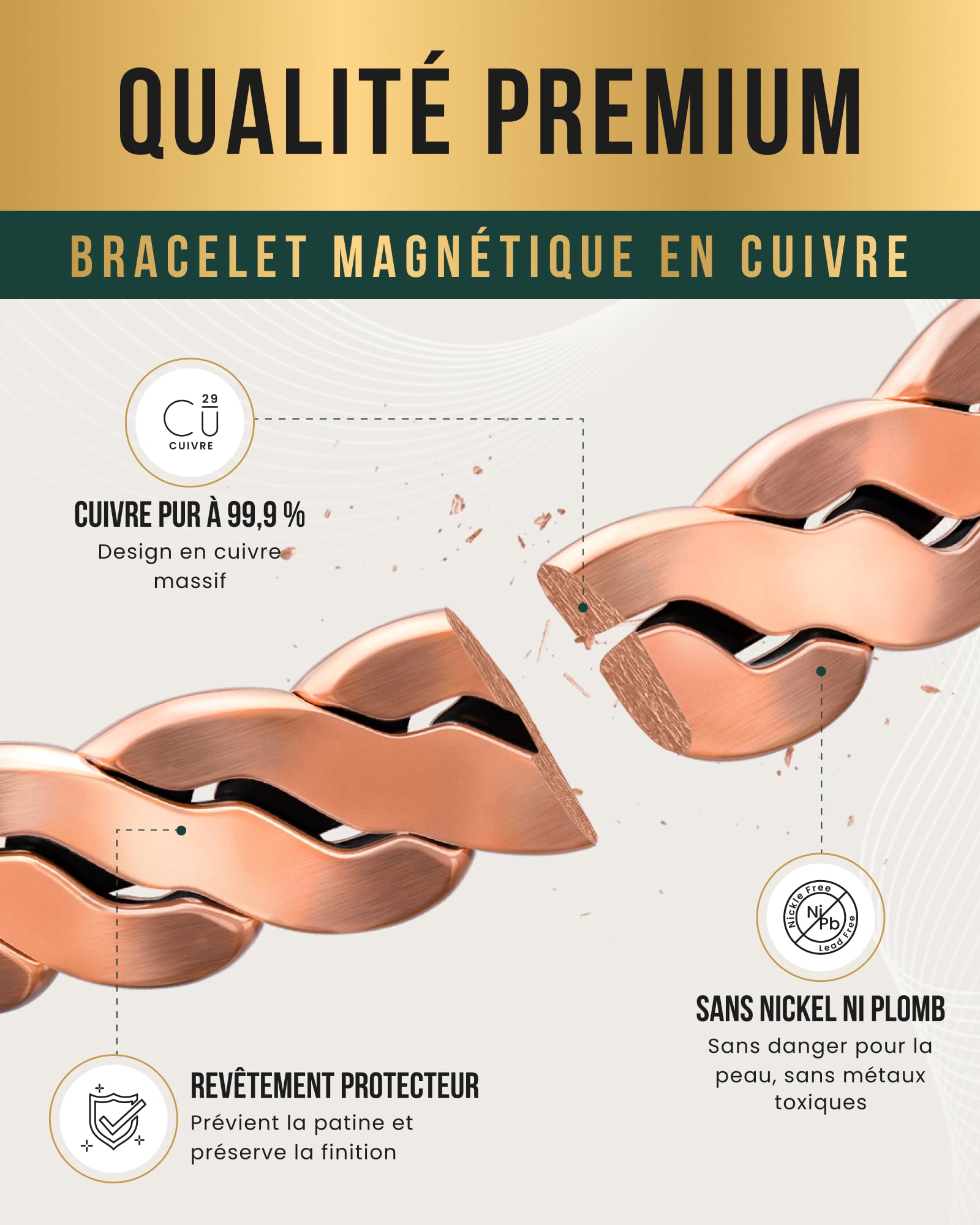 MagnetRX® bracelet cuivre homme et bracelet en cuivre femme – 6 aimants puissants (3500 GAUSS par aimant) – Bijou aimanté pur – Manchette réglable (Argent brossé | Moyen - Grand)