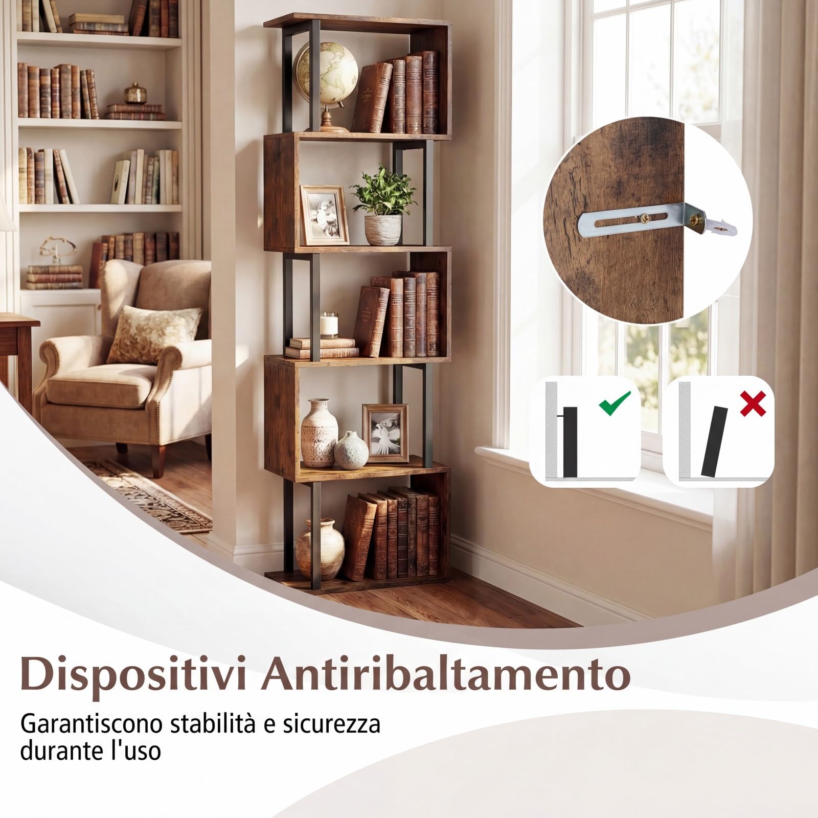 COSTWAY Libreria a 5 Livelli in Legno, Scaffale Espositore Geometrico con Struttura in Metallo, Mobile Portaoggetti Salvaspazio per Camera da Letto Soggiorno Ufficio, 38x23x147 cm (Marrone Rustico)