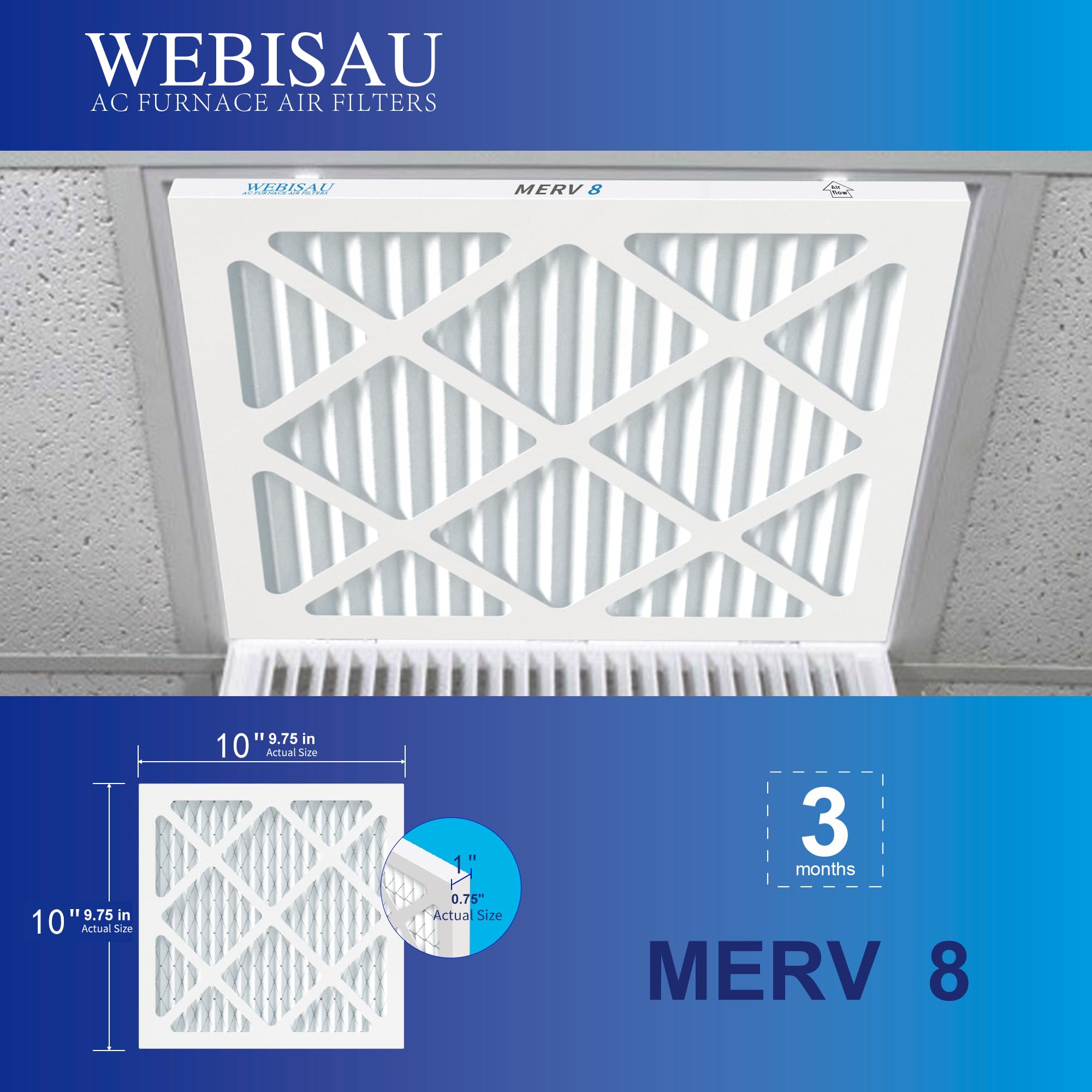 MERV 8 MPR 600 - Filtro de aire de 10 x 10 x 1 pulgadas, paquete de 6 filtros de horno plisados HVAC AC para horno, filtros de aire acondicionado (tamaño exacto: 9 3/4 x 9 3/4 pulgadas x 3/4