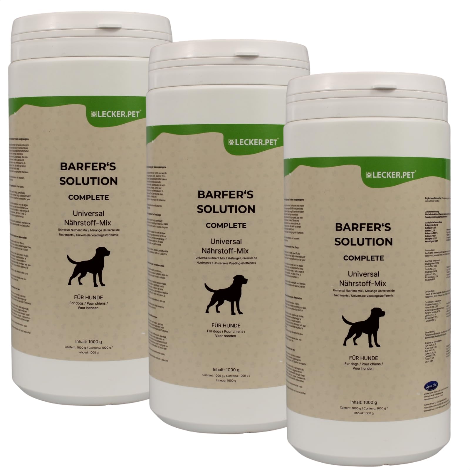 Lecker.Pet® 3 x 1 kg Barfer's Solution Complete Universal Nutritional Mix en Poudre pour Chiens | Complément Alimentaire pour Chiens | Alimentation Barf équilibrée | Levure de bière & Talc d'algues