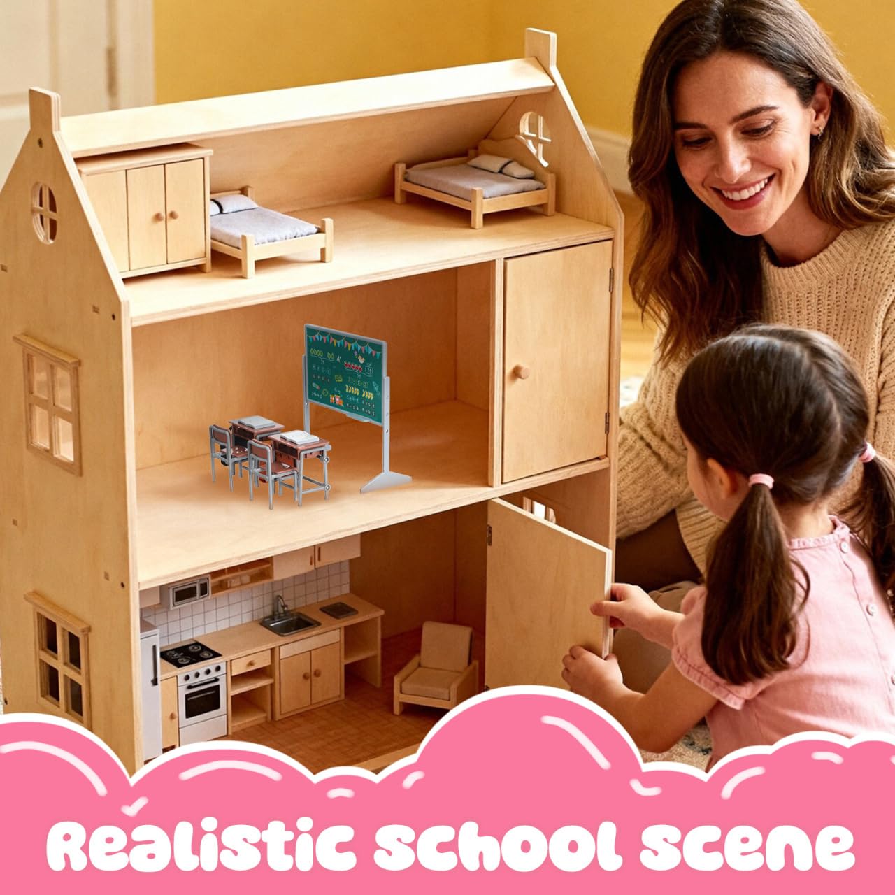 Miniatur Puppenhaus Klassenzimmer Set – 6-teilig Mit Tisch, Stuhl & Schulranzen – ABS, Ca. 5 Cm – Für Rollenspiel & Deko