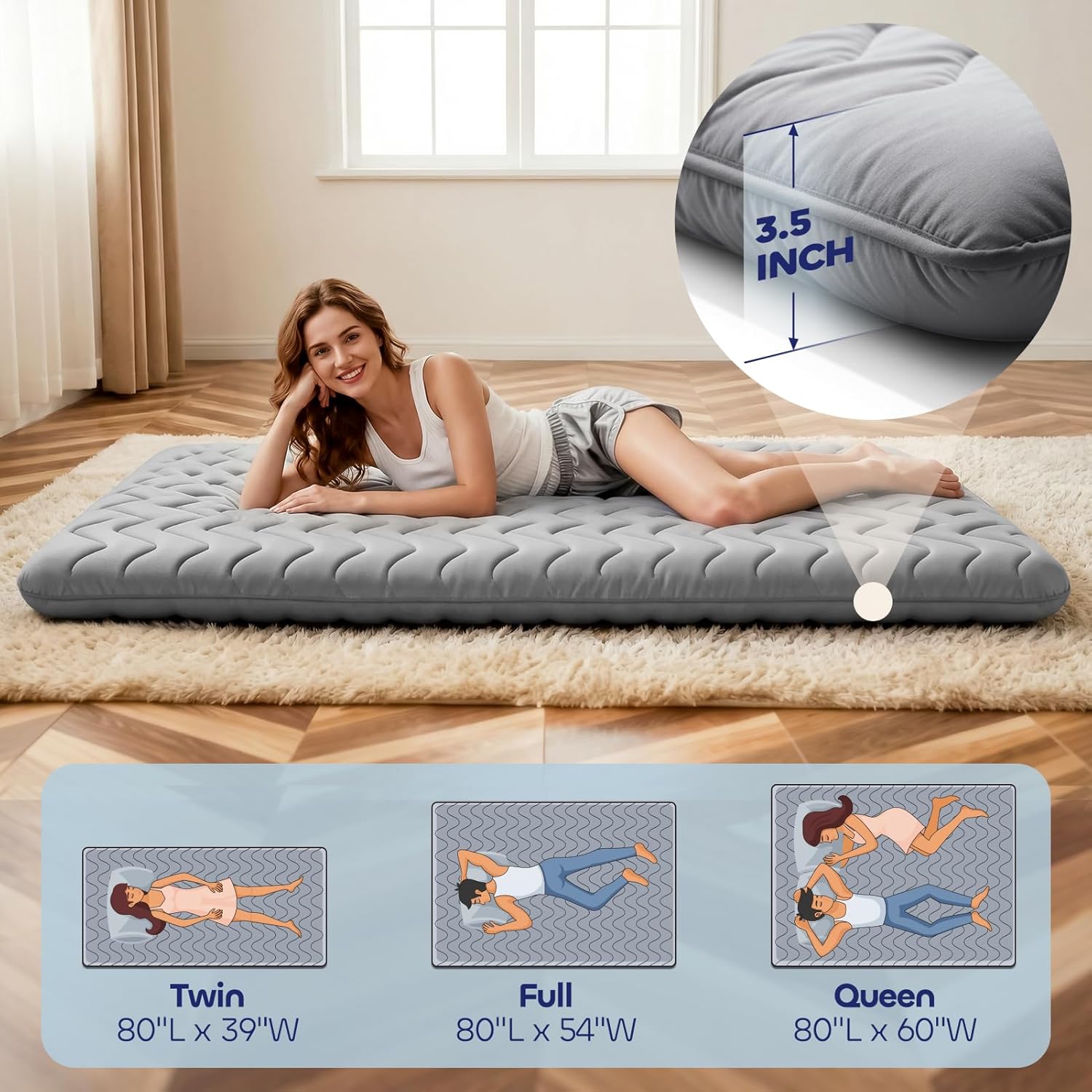 Japanese Floor Mattress Futon Mattress - 3.5" Extra Firm Foldable Tatami Mat, 5-Layer Support with High-Density Foam Portable Floor Bed for Guest, Dorm, Kids Room & Camping