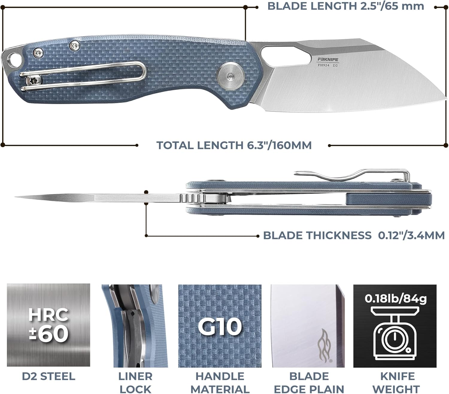 Firebird GANZO FH924-GY Pocket Folding Knife Wharncliffe D2 Steel Blade G10 Anti-Slip Handle with Clip Camping Hunting Fishing Outdoor EDC Utility Pocket Knife (Gray)