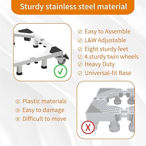 Miniatura 6 de Base móvil de acero resistente con 4 ruedas de bloqueo y 8 patas resistentes de 16.9 a 26 pulgadas, soporte móvil ajustable para lavadora,
