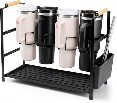 Tumbler Water Bottle Organizer for 40 oz Tumbler with Handle, 2 in 1 Multi-Functional Stanley Cup Storage Holder, Black Iron