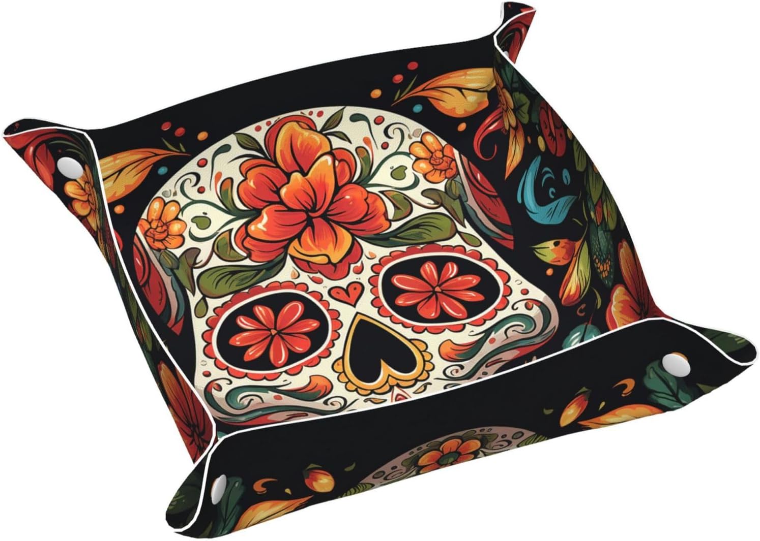 PU Leather Jewelry Valet Tray for Men Women, Elegant Desktop Storage Organizer, Portable Travel Storage Dish Plate Colorful Sugar Skull Nightstand Storage Box for Key Phone Wallet Small