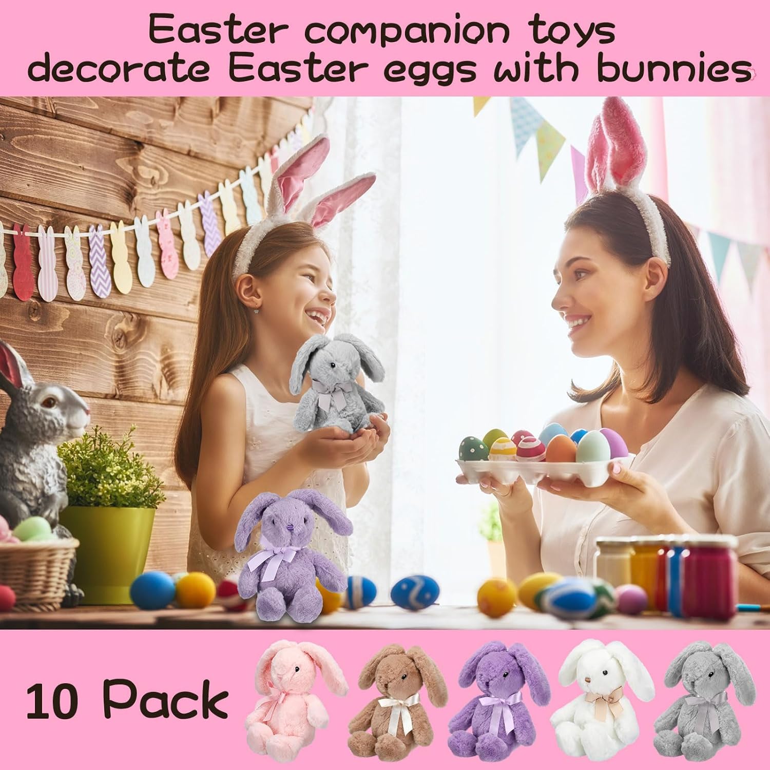 Arrowbash 10 Pcs 13.5 Inch Plush Easter Bunny Stuffed Animal Cute Stuffed Bunny Soft Stuffed Rabbit Plush Toy Kawaii Bunny Stuff for Kids Fluffy Hugging Sleeping Gifts(Pink,Beige,Grey,Purple,Brown)
