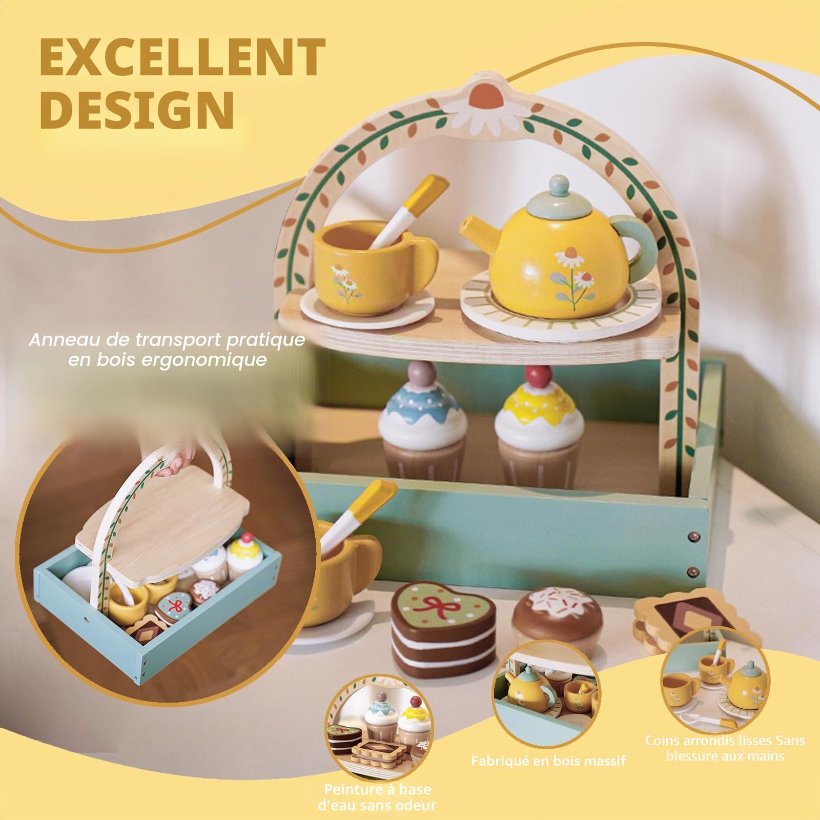Service à Thé pour Enfants,Service à Thé Jouets,Jouet de Cuisine Faisant Semblant avec Support à Gâteaux,Jouets en Bois pour Tout-Petits de 3 à 5 Ans pour Pâques Noël Cadeau Anniversaire