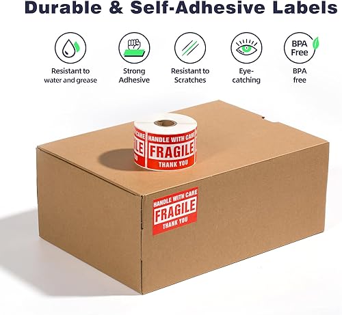Miniatura 2 de 500 calcomanías frágiles para envío de vidrio móvil, 3 x 2 pulgadas, mango con cuidado, etiquetas frágiles de grado comercial (1 rollo, 500