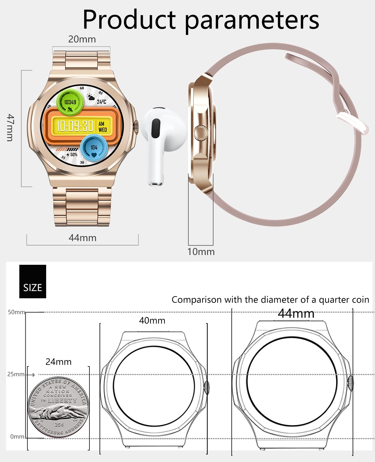 Smart Watch per uomo e donna, 1,25 pollici HD Fitness Tracker con Bluetooth chiamate/frequenza cardiaca/monitoraggio del sonno/100+ modalità sport, acciaio inox+cinturino in silicone per