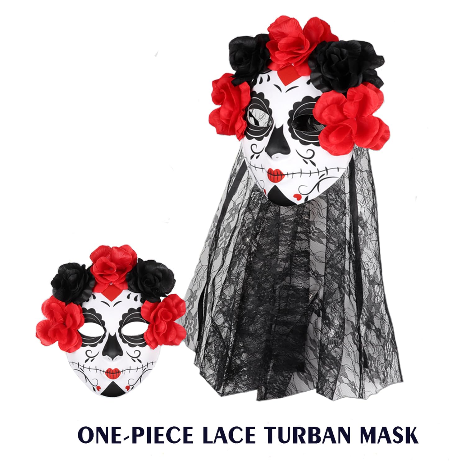 KIHOARL Day of The Dead Sugar Skull Mask with Veil and Rose Flower Crown Mexican Dia de Los Muertos Halloween Lace Mask for Masquerade Cosplay Party Costume Accessory