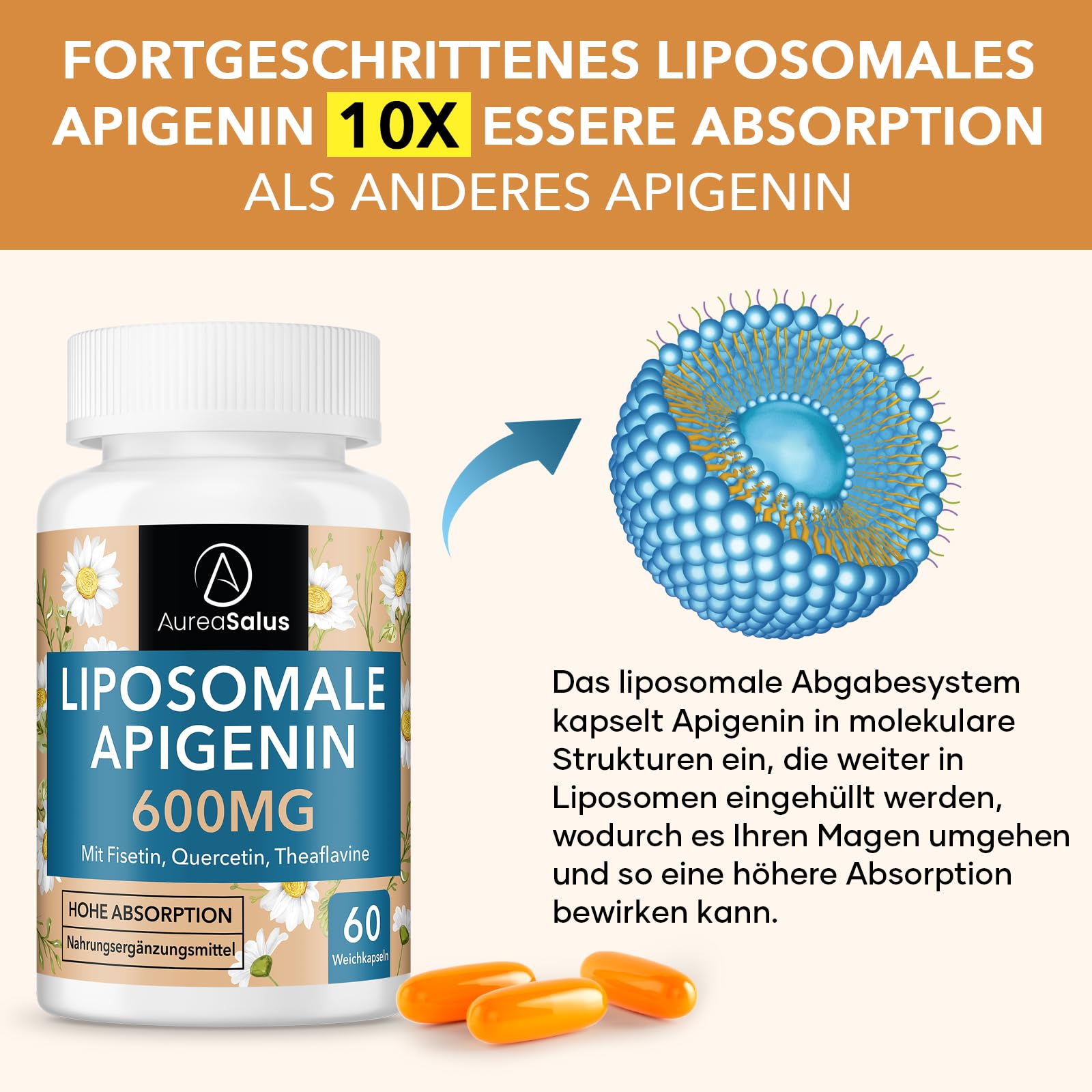 Apigenin 600 mg, Supplément d'apigénine Liposomale Extra fort Avec Fisétine, Quercétine et Théaflavines (60 Unité (Lot de 3))