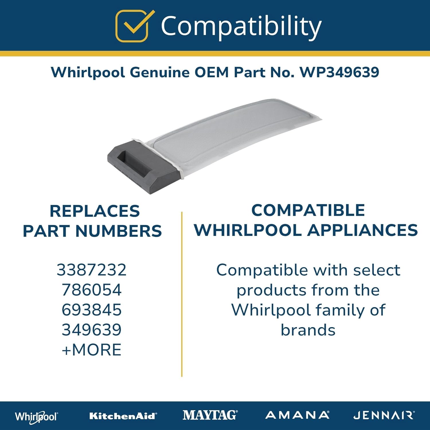 Whirlpool WP349639 Genuine OEM Dryer Lint Filter Replacement Part - Replaces 3387232, 693845, 786054, 349639