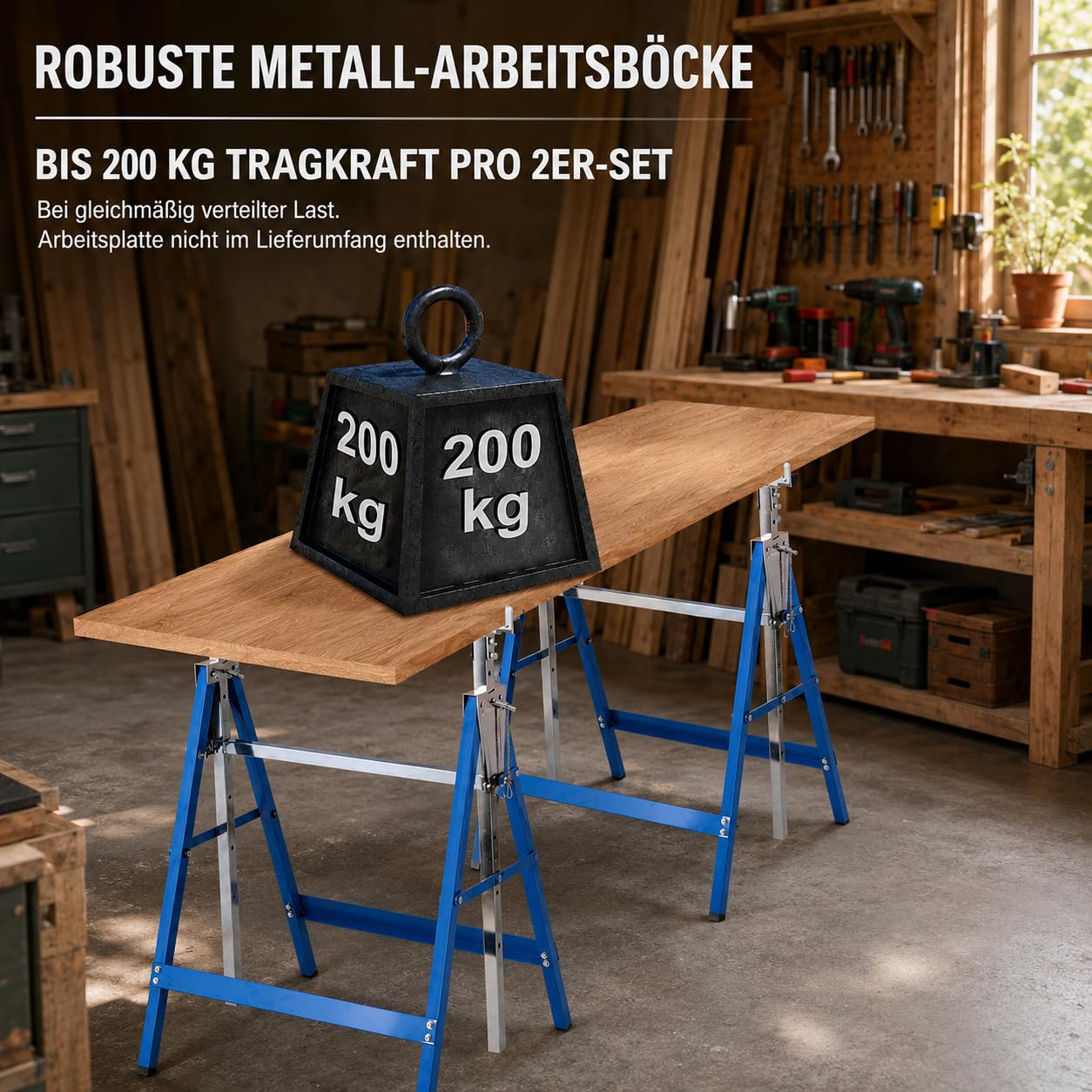 Stojak na rusztowania, zestaw 4 teleskopowych kozłów roboczych, regulowana wysokość robocza 80-130 cm, 7-stopniowa regulacja wysokości, metalowy stojak maks. obciążenie 200 kg, niebieski