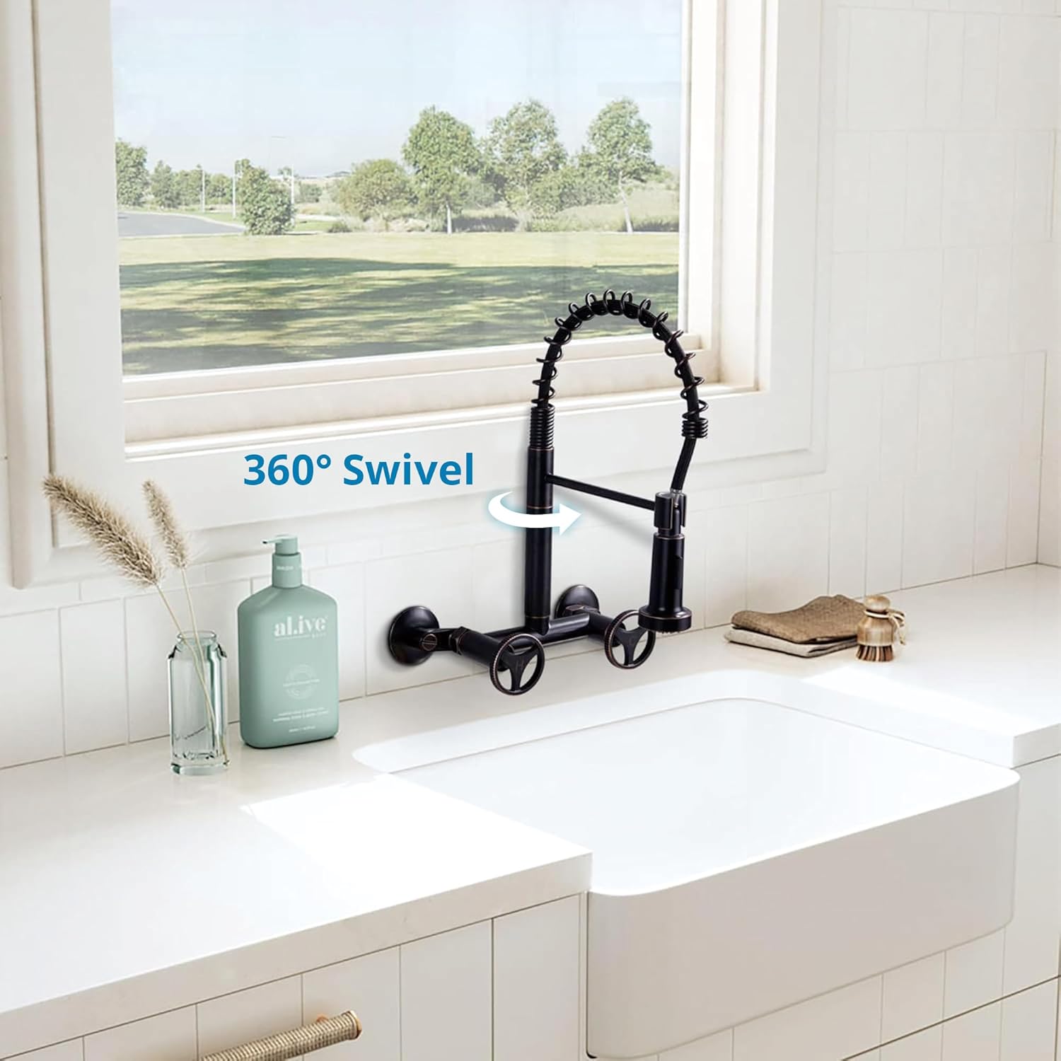 Wall Mount Kitchen Faucet with Pull Down Sprayer, 6 Inches Center Two Handles Commercial Kitchen Sink Faucet, 2 Functions Sprayer, Oil Rubbed Bronze Utility Sink Faucet