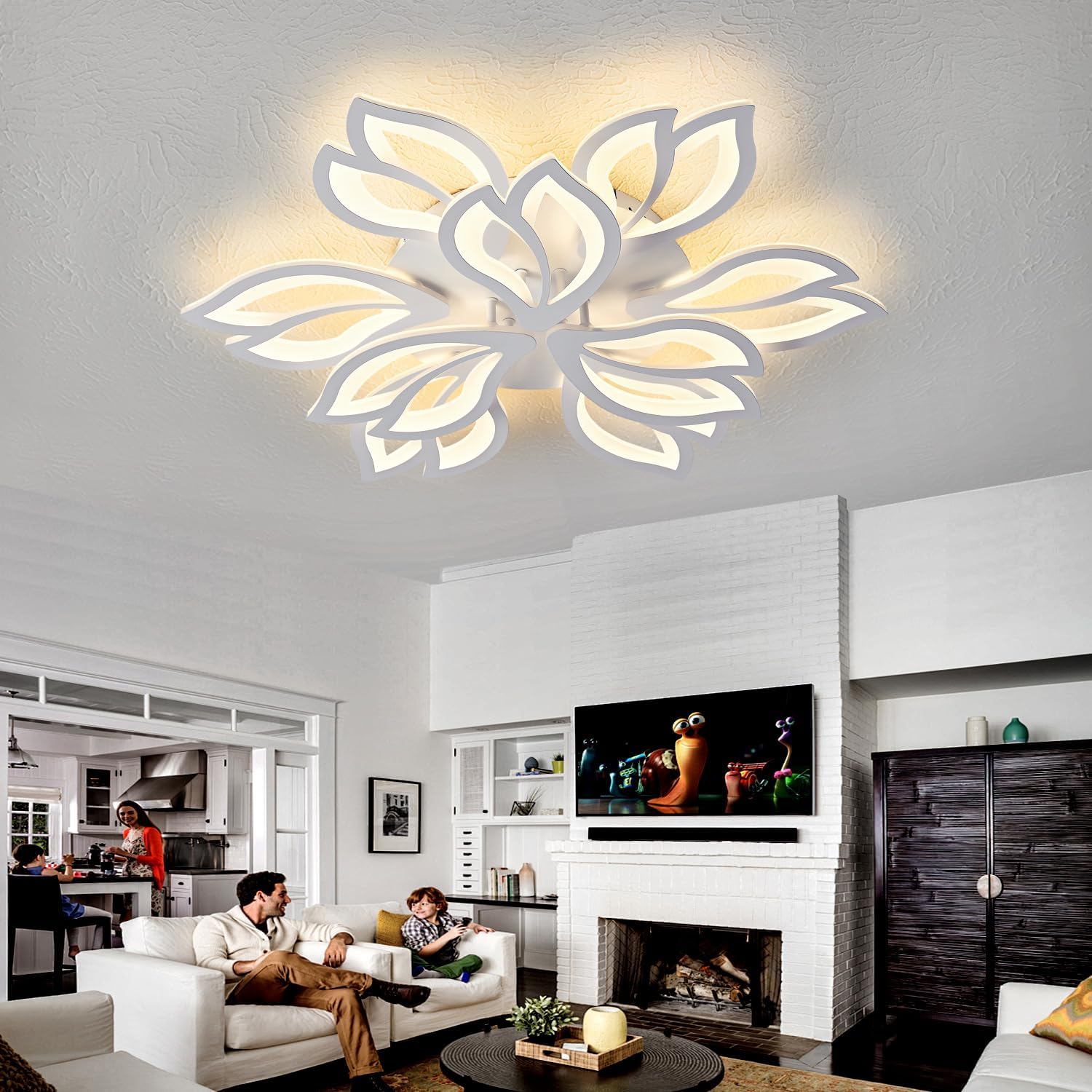 HuixuTe 28" White Modern Flower Dimmable Ceiling Light Fixture, 9 Leaves Low Profile Flush Mount Ceiling Light for Living Room Dining Room Bedroom
