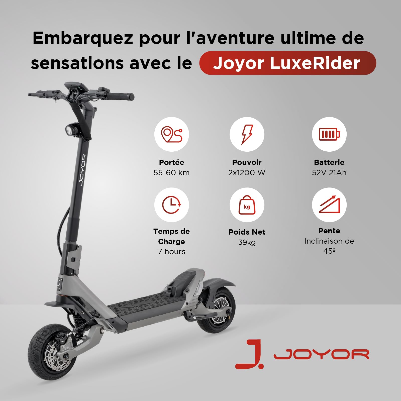 Joyor LuxeRider Trottinette électrique adulte, pliable, deux moteurs de 1200W, batterie de 52V 21AH, autonomie de 55-60km, roues pneumatiques de 25,4x8,9cm, charge maximale 150KG, double suspension