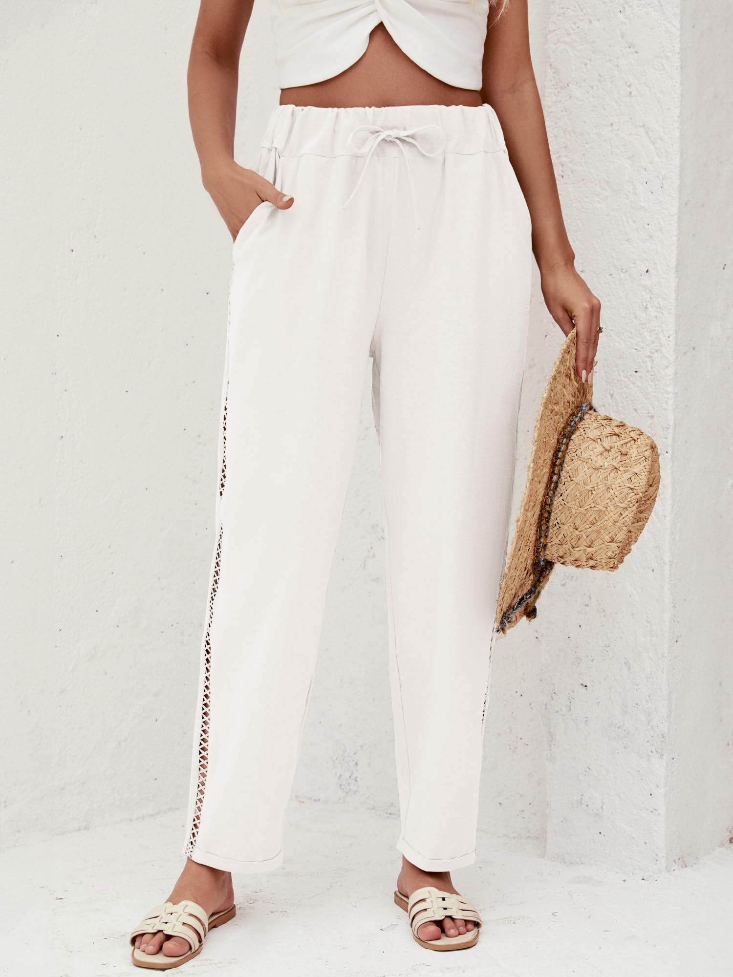 Puimentiua Sommerhose Damen Leicht,Sommer Leinenhose,7/8 Weiße Hose,Luftig Sommerhosen,High Waist Linen Pants,Elegant Stoffhose,Lockere Ausgehöhlt Hosen mit Tunnelzug und Taschen (S-XXL)