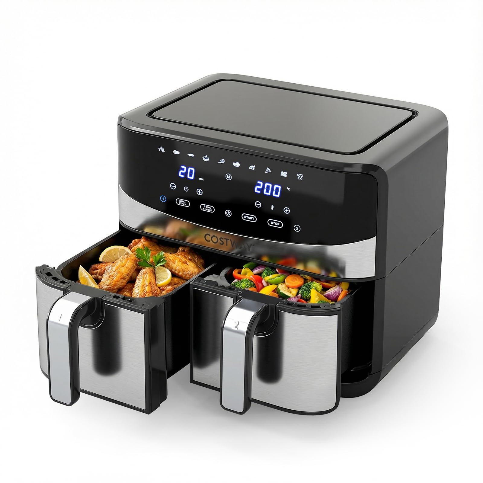 COSTWAY Frytkownica na gorące powietrze, 2 komory, 8,5 l z okienkiem, wykończenie Sync Cook & Match Finish, cyfrowy ekran dotykowy i gorące powietrze 360°, 2100 W, nadaje się do mycia w zmywarce