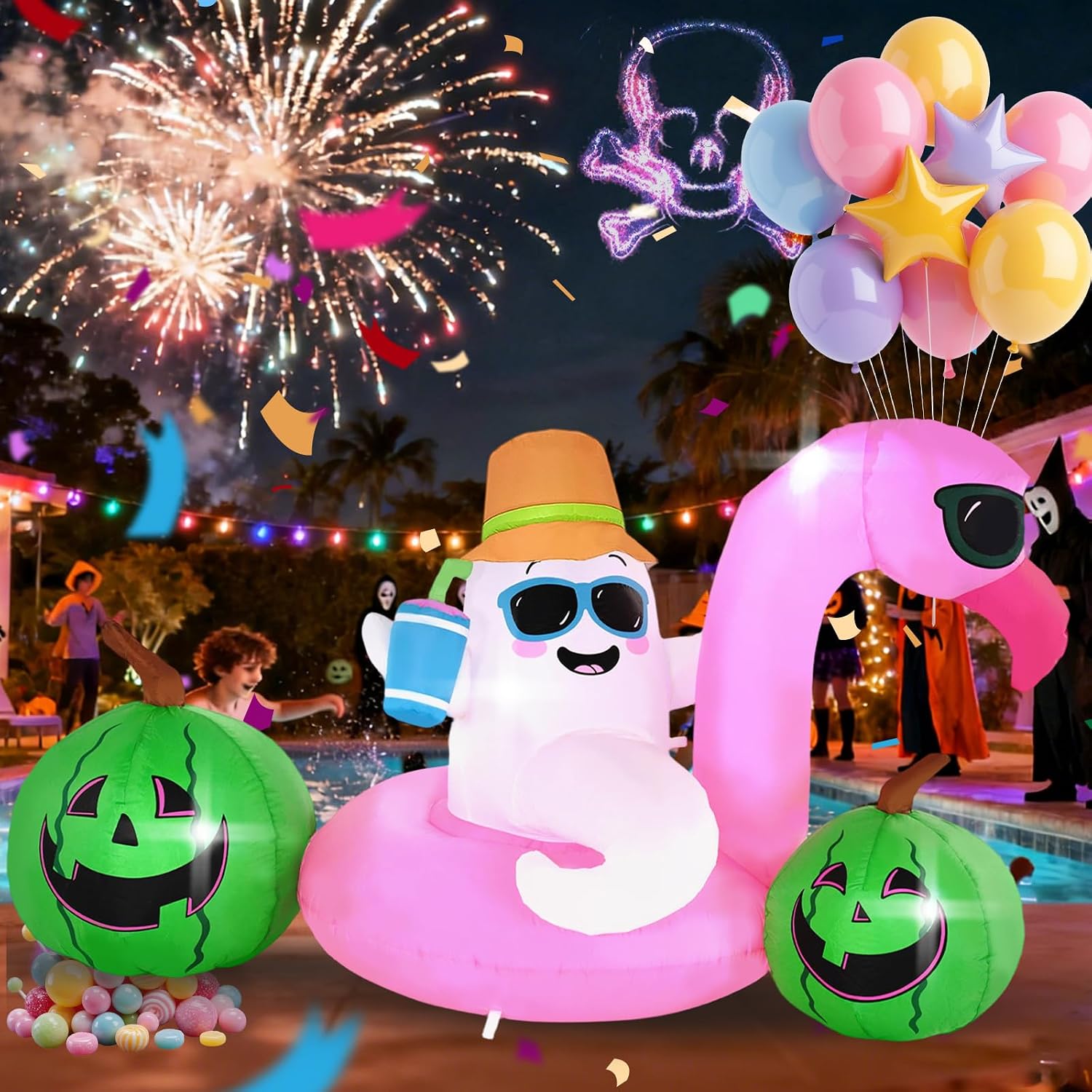 6FT White Ghost Flamingo Summer HalloweenOutdoor Inflatable Decoration with Built-in LED Lights, Suitable for Indoor, Outdoor, and Lawn Parties