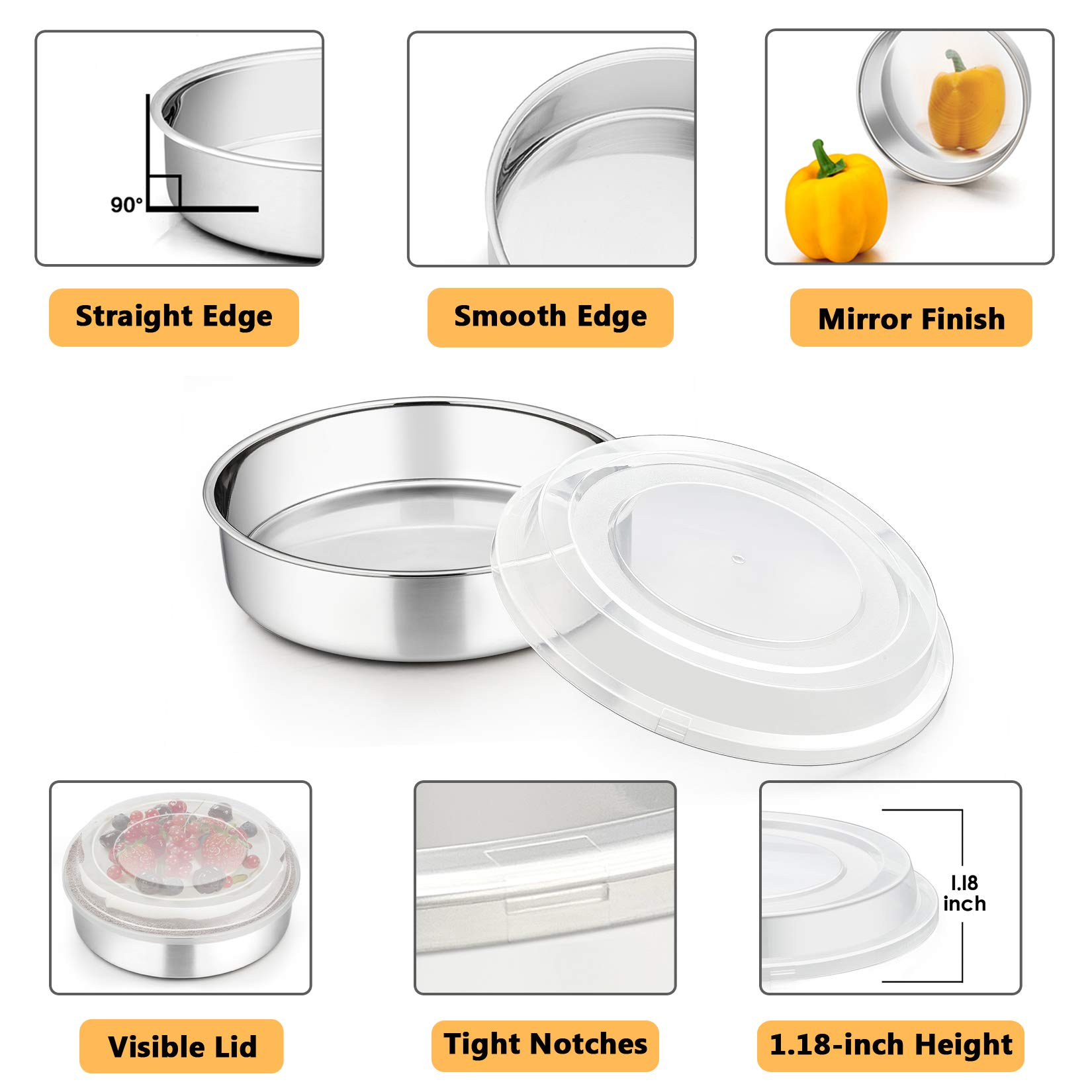 P&P CHEF Juego de moldes para tartas de 8 pulgadas con tapa (3 sartenes + 3 tapas), molde redondo de acero inoxidable para picnic, boda, cumpleaños, sartén a prueba de fugas y tapa de plástico elevada