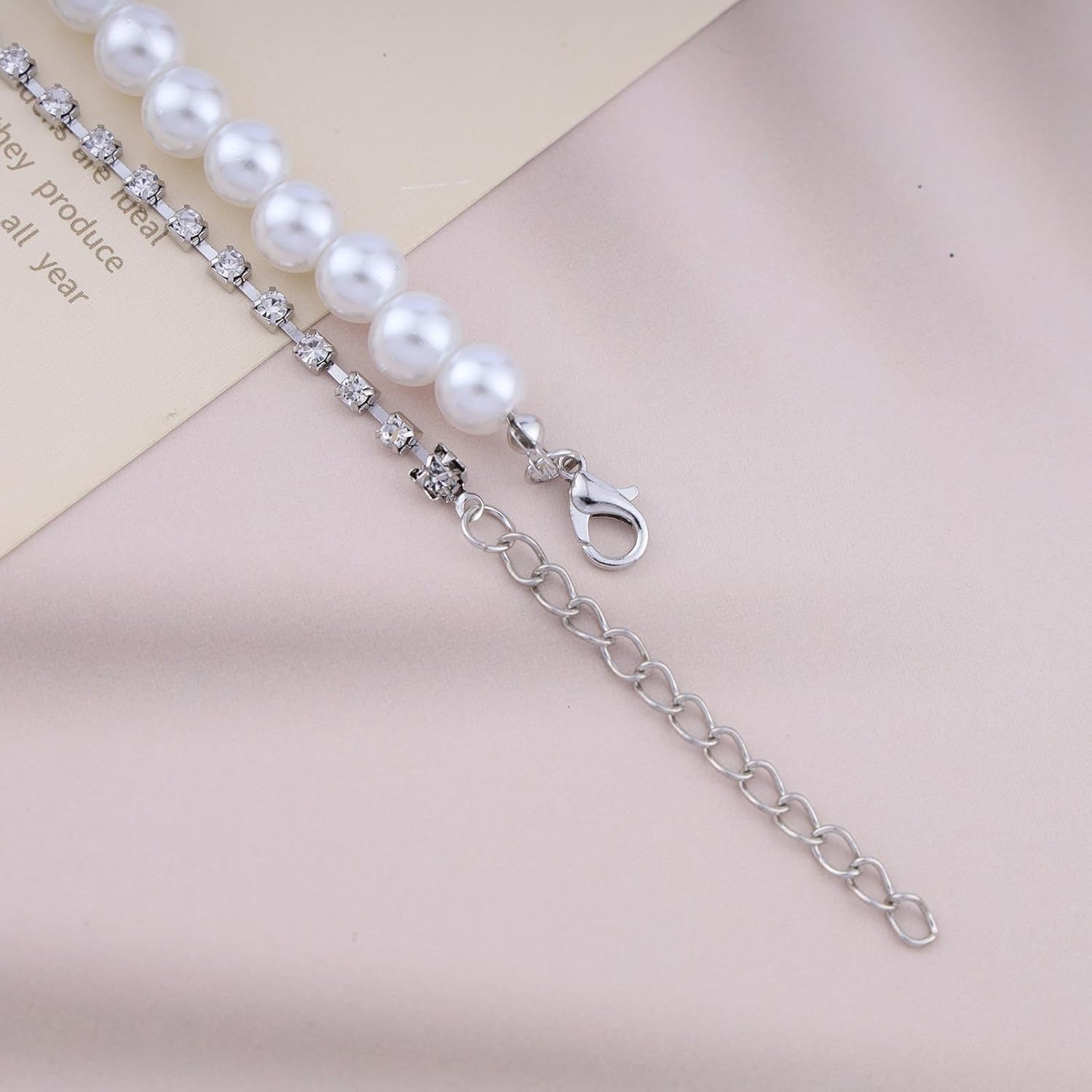 Andelaisi Boho Pearl Choker Necklace Silver Crystal Tennis Chain Necklace Vintage Heart Pendant Necklace Sparkly Cz Tennis Chain Asymmetrical Necklace Jewelry for Women - Image 6