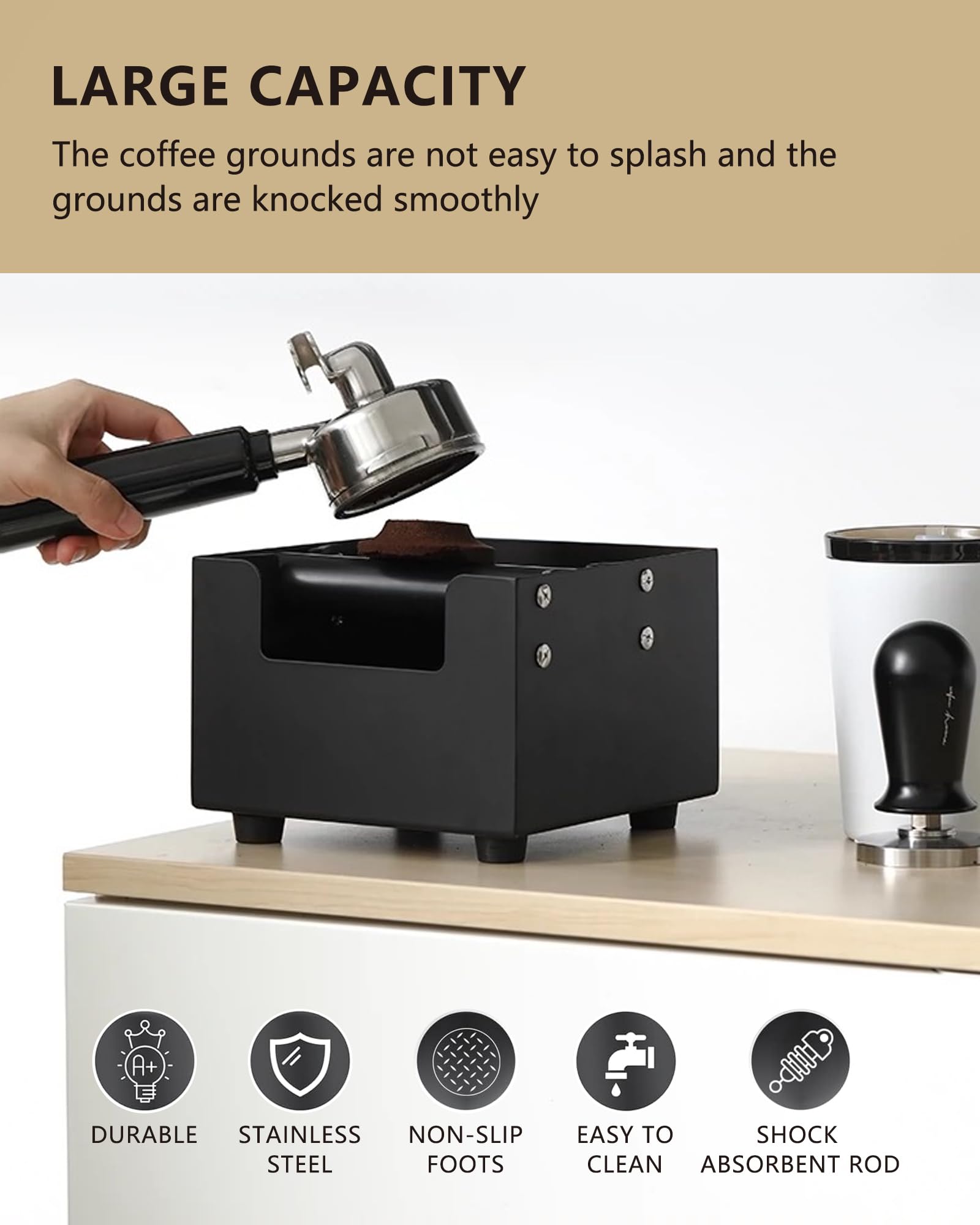 Knock Box Coffee in Acciaio Inox, Contenitore per Fondi di Caffè con Asta Rimovibile e Base Antiscivolo, Scatola Fondi di Caffè, Recipiente Fondi Caffè per Macchina da Caffè, Accessori per Baristi