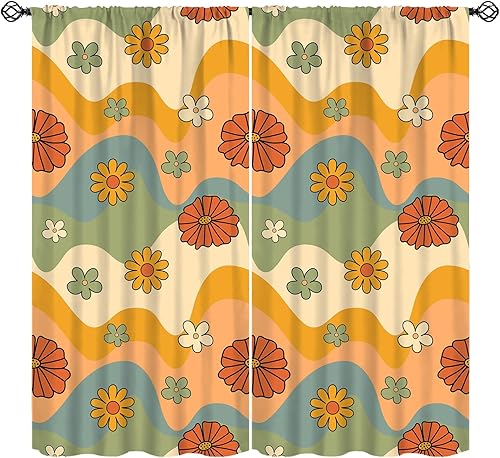 Miniatura 15 de Cortinas florales retro de los años 70, tratamiento de ventana abstracto geométrico hippie floral de mediados de siglo, cortinas con aislamiento