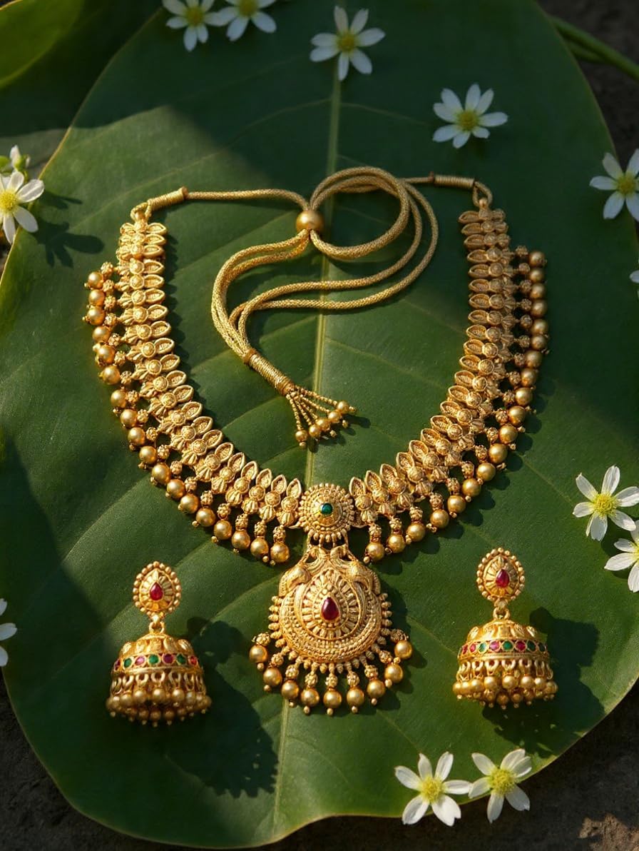 Gold Temple Necklace Set - Peacock & Gemstone Jewelry -9
