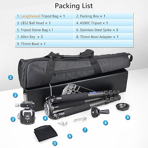 Miniatura 8 de Trípode de fibra de carbono AS90C con cabezal de bola de perfil bajo LB52 y bolsa de piedra ARTCISE Soporte de cámara profesional resistente para