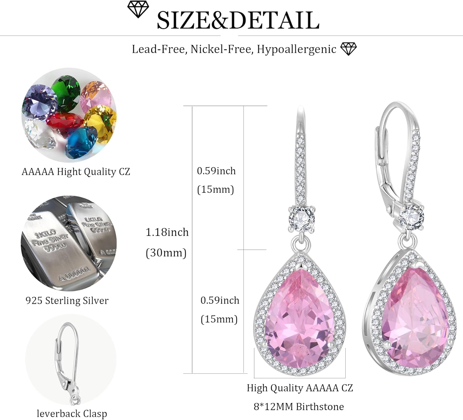 10 * 12mm Dangle Drop Birthstone Earrings for Women 925 Sterling Silver Halo Solitaire Leverback Earrings Hypoallergenic Jewelry for Women - Image 6