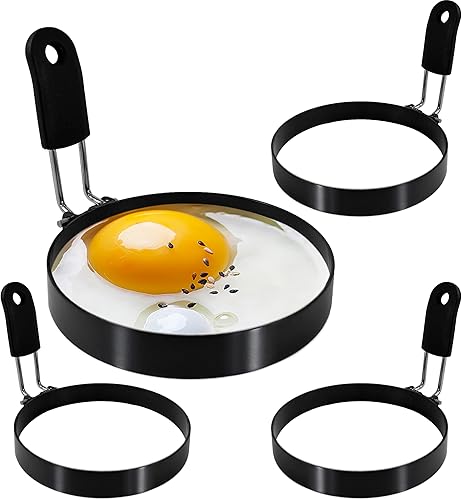 Miniatura 8 de LXLOVESM Juego de anillos de huevo de 4 pulgadas con mango de silicona, anillos de cocina de huevos de acero inoxidable, antiadherentes, para freír
