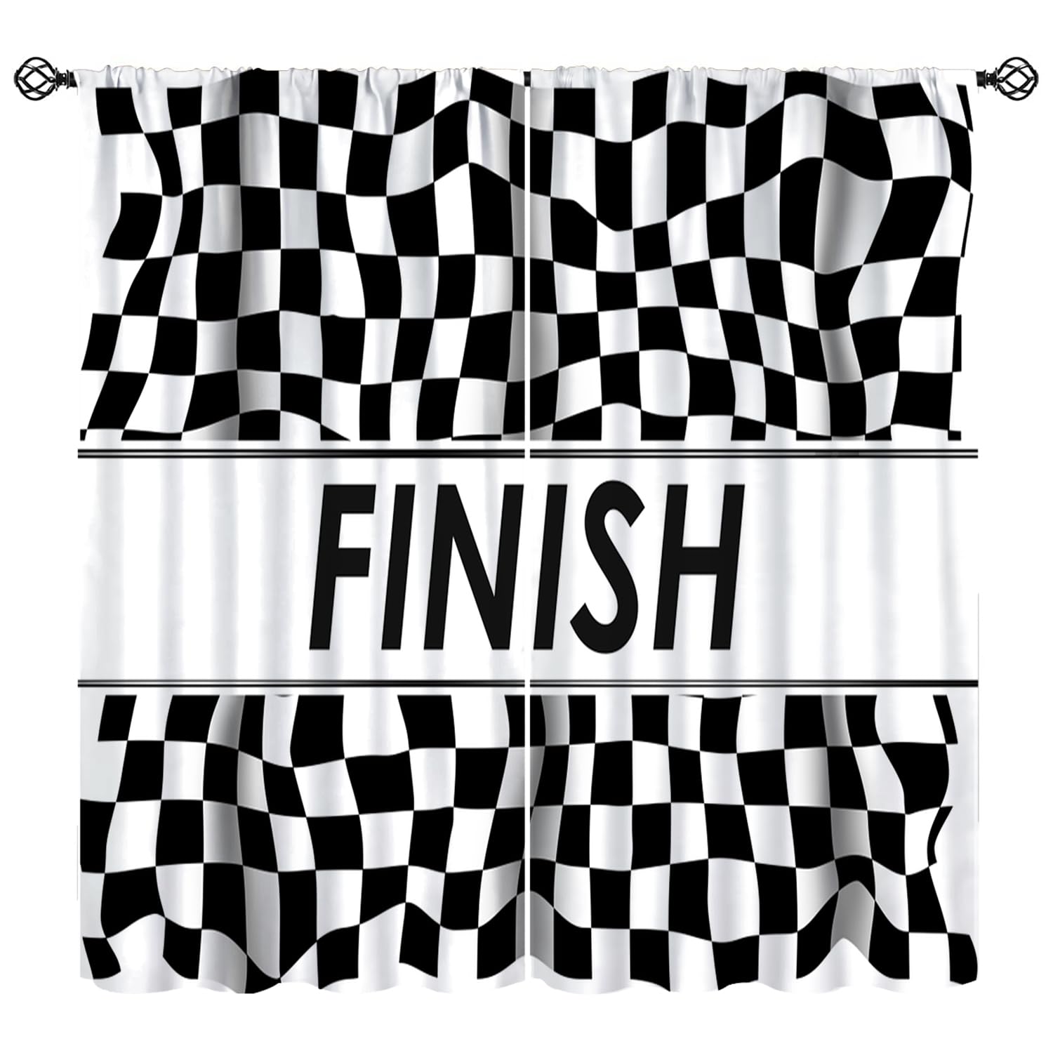 KANEPE Racing Curtains, White Black Checkered Racing Flag Finish Abstract Background Window Treatments, Rod Pocket Thermal Insulated Drapes for
