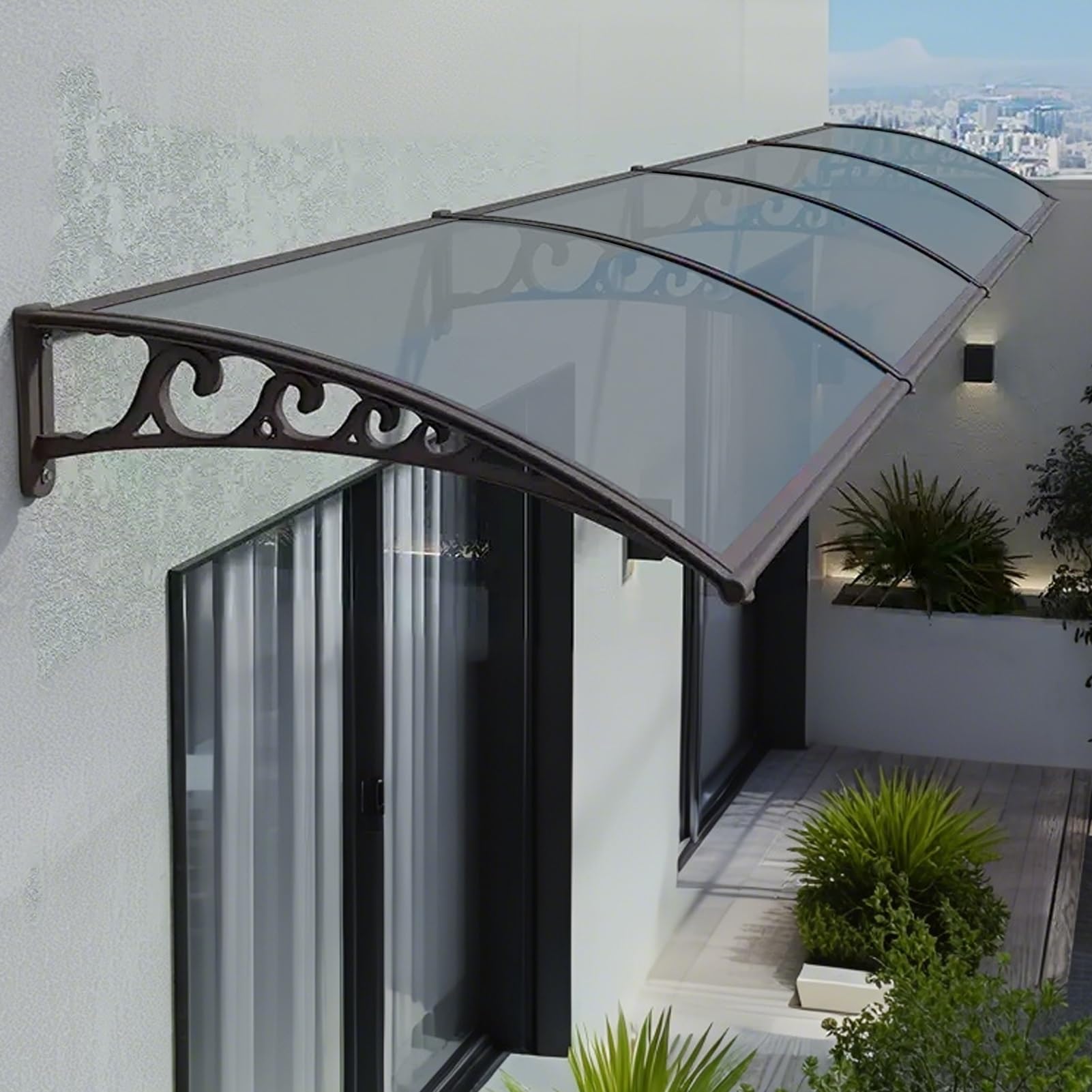 Auvent en polycarbonate 60x160cm gris avec cadre métallique solide