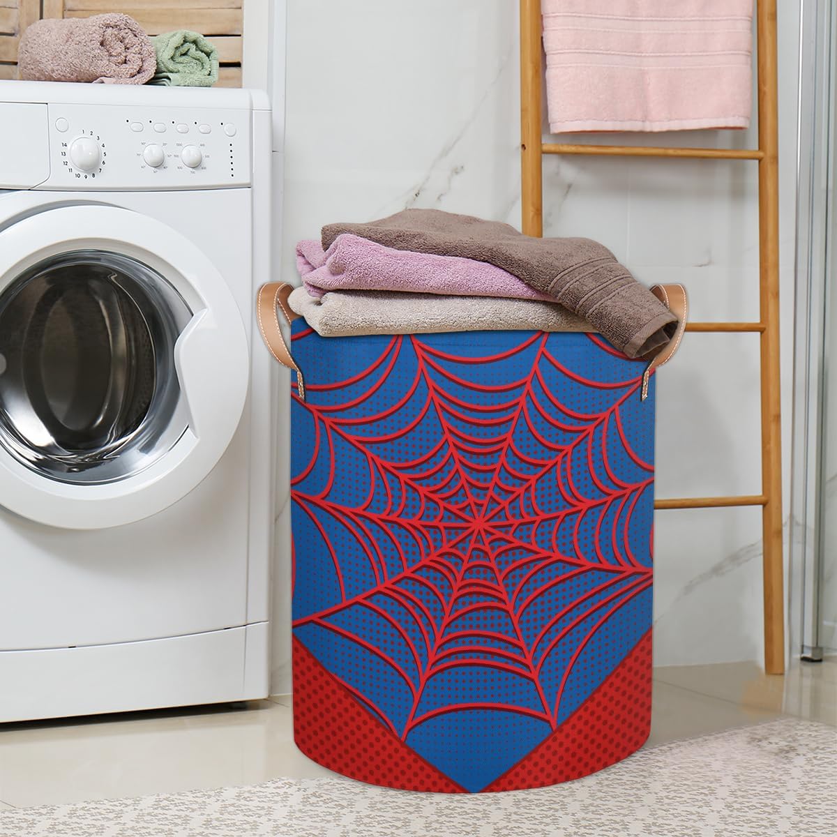 Large Laundry Basket Hamper - Blue Spiderweb 62L Collapsible Storage Bin for Kids Toys, Dirty Clothes, Blankets, Tall Baby Nursery Hamper for Boys Bedroom Bathroom Decor, Gift Basket