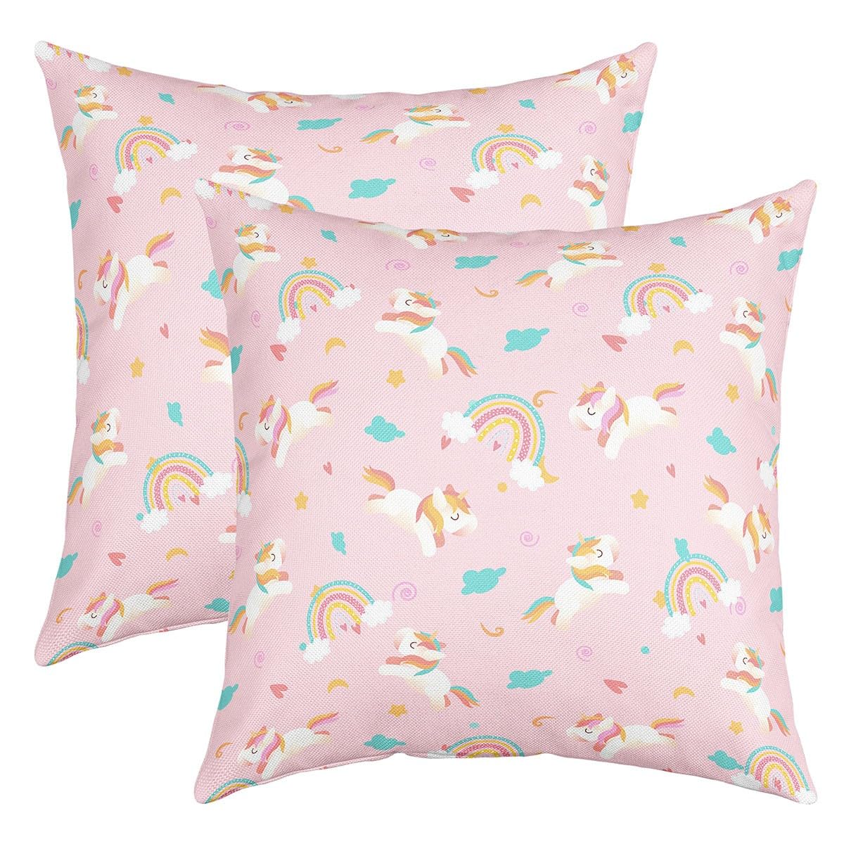 Homemissing Cartoon Rainbow Unicorn Square Cushion Covers Set of 2 18x18 Inch Cute Rainbow Unicorn Cute Unicorn Reversible Throw Pillow Covers Flower Unicorn Pillows Covers